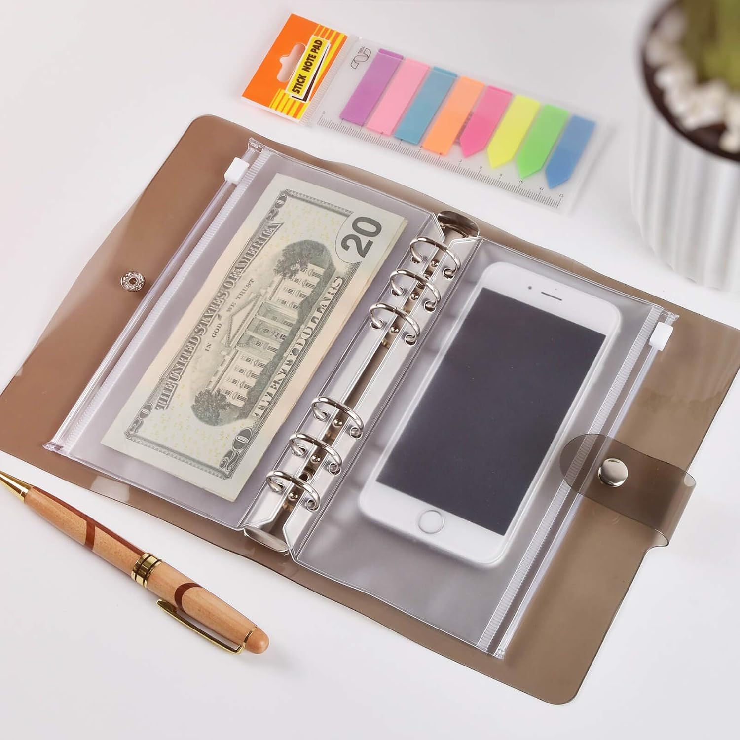 2 Pack 6-Ring Grey Transparent Soft PVC Binder Cover, A6 Notebook Binder Planner Cover/Snap Button Closure, 6-Round Ring Loose Leaf Folder for Filler Paper [Inner Paper Not Included]