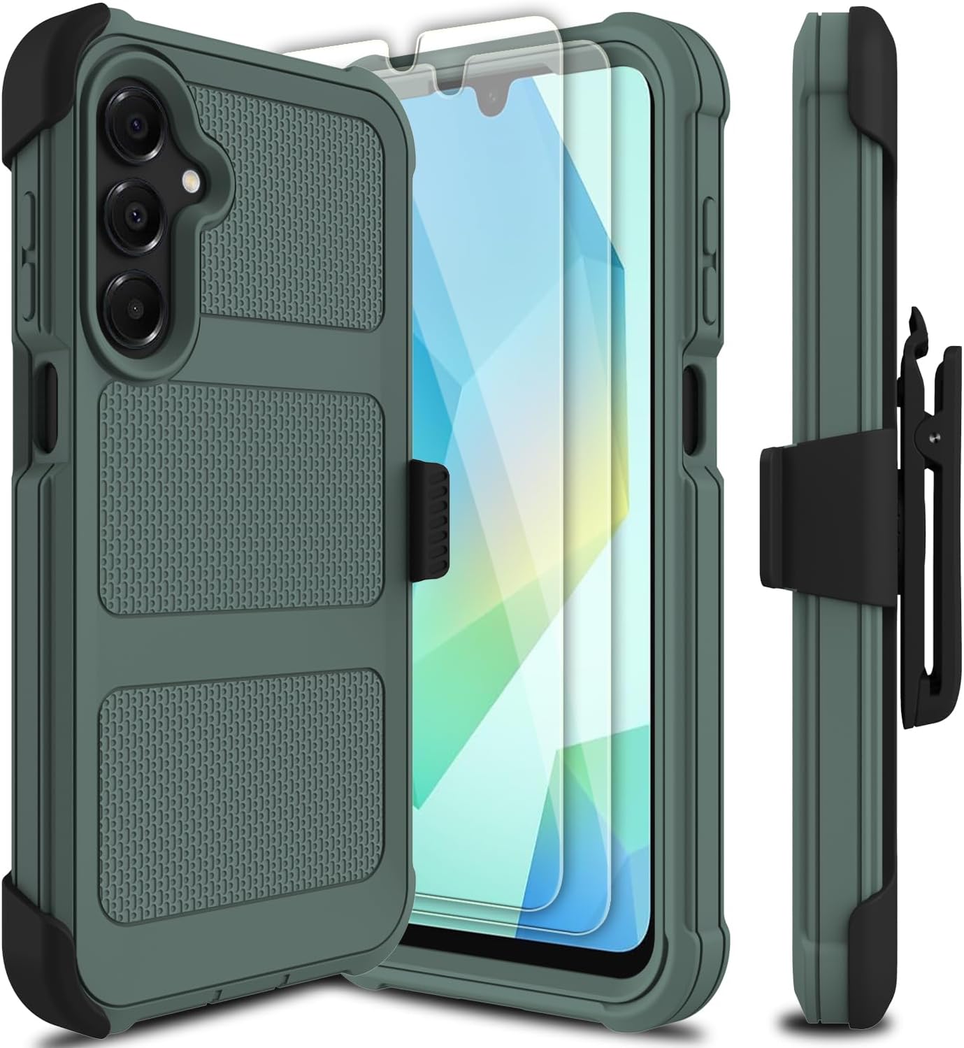 for Samsung Galaxy A16 5G Case with 2 Pack Tempered Glass Screen Protector, [Holster Series] Belt Clip Hard Tough Heavy Duty Rugged Shockproof Protective Cell Phone Case (Dark Green)