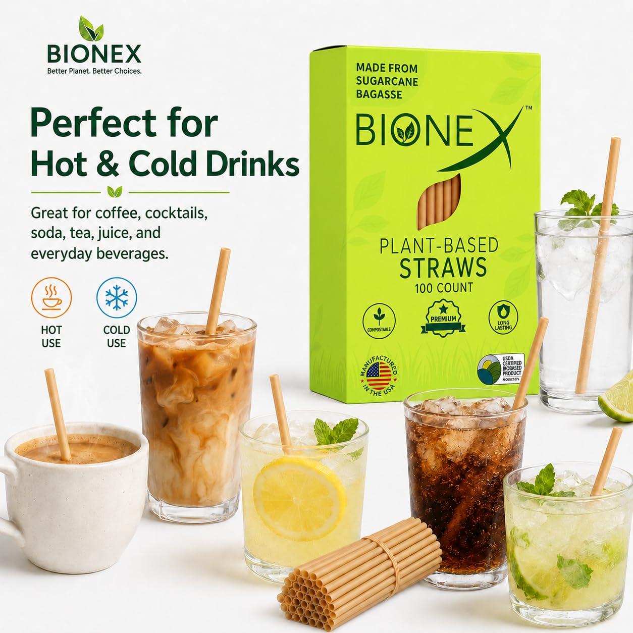 Bionex - Pajitas de caña de azúcar biodegradables, (20,3 cm de longitud), (100 pajas/caja) Alternativa al plástico