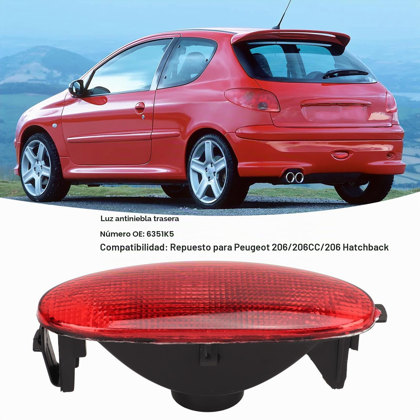 Lámpara de Luz Antiniebla Trasera de Alto Brillo 6351K5 para 206 206 Hatchback con Material ABS Duradero