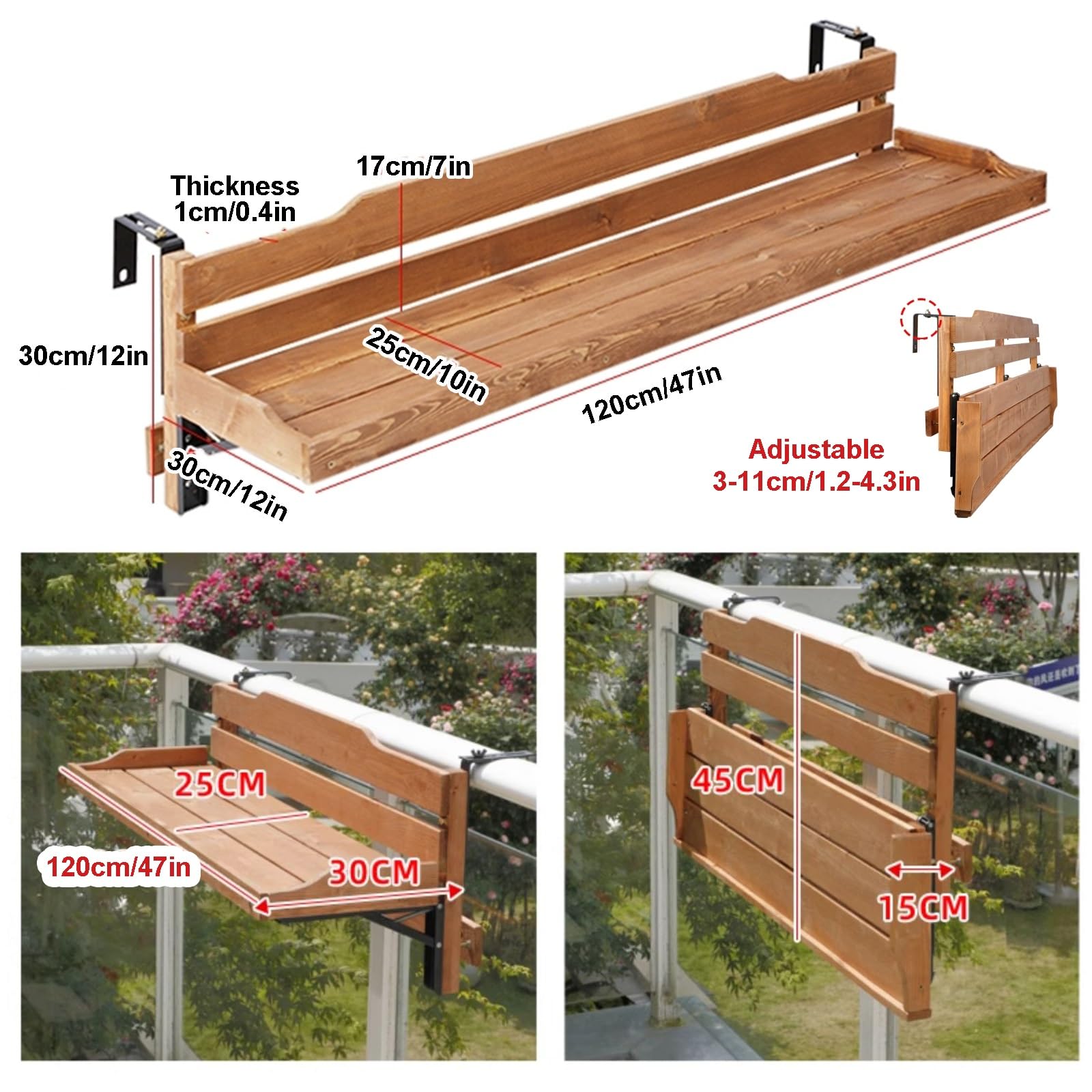 Tavolo da ringhiera, Tavolo Pieghevole da Balcone con ringhiera di Protezione, salvaspazio per Patio, terrazza, Veranda, Giardino (120 cm/47 Pollici)