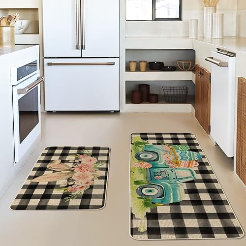 Miniatura 2 de Artoid Mode Juego de 2 tapetes de cocina de Pascua con orejas de conejo decoración del hogar de primavera alfombras de cocina de perfil bajo para