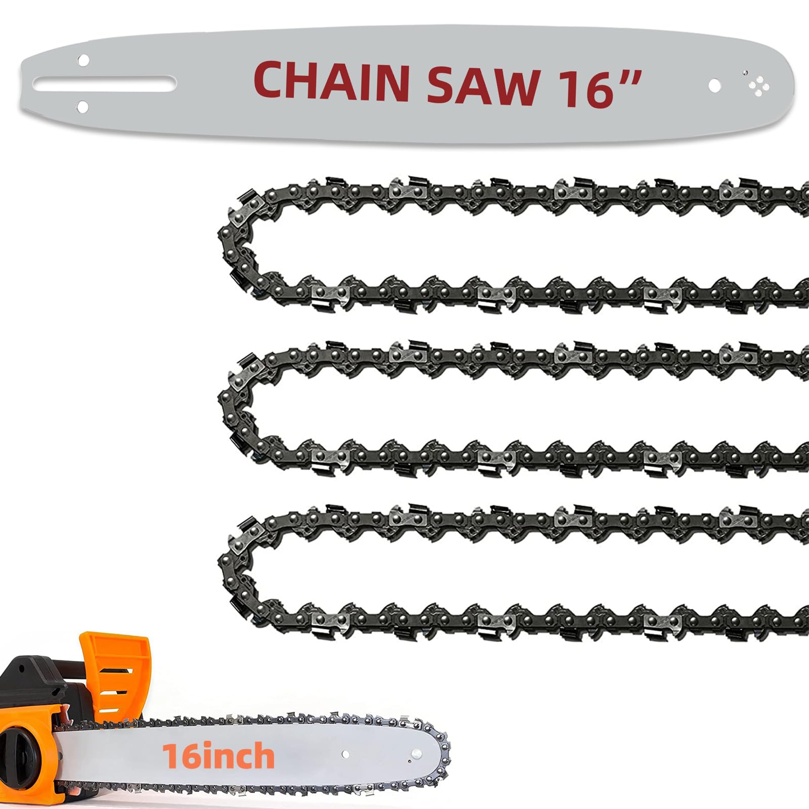 16 Inch Bar and Chain Combo, 16-Inch Replacement Chainsaw Bar and Chains 56 Drive Links .050" Gauge, 3/8" Pitch Compatible with Craftsman, Echo, Poulan (3Chains+1Bar)