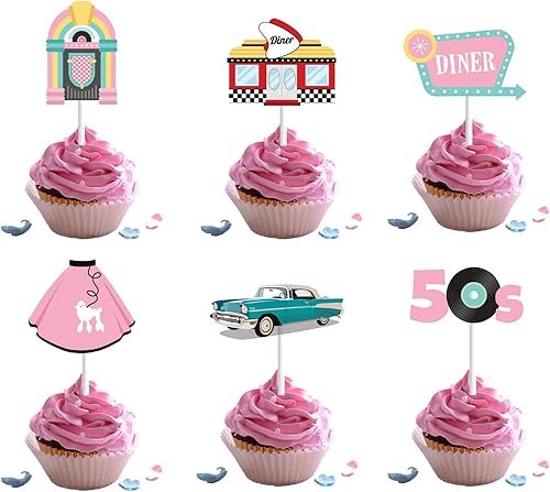 Miniatura 3 de 18 piezas de decoración de cupcakes de discoteca de los años 50 para niños y adultos, jukebox de los años 50, Dinero de soda, Shoppe Rock and Roll