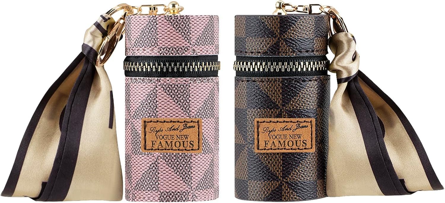 Leather Travel 2 Pack Lipstick Organizer, Lip Gloss Bag with Keychain, Portable Mini Lipstick Case for Purse (Brown, Pink)-image-39