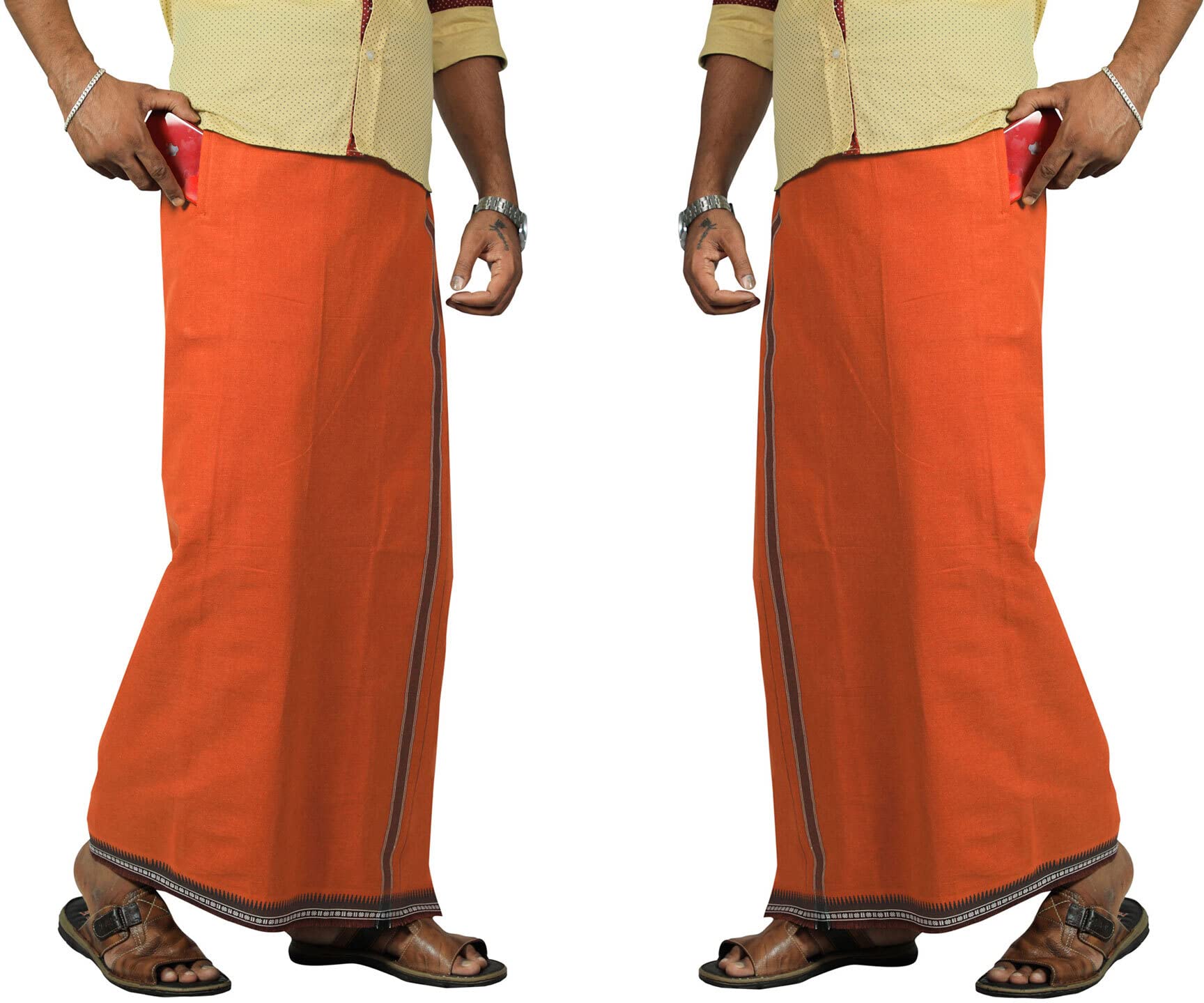 Prakasam Cotton Mens Kerala Thalapathi Border 2Way Pocket (Right &Left Side) Flexi Size (Adjustable) Colour Dhoti With 2 Side Pocket (Large, Orange)