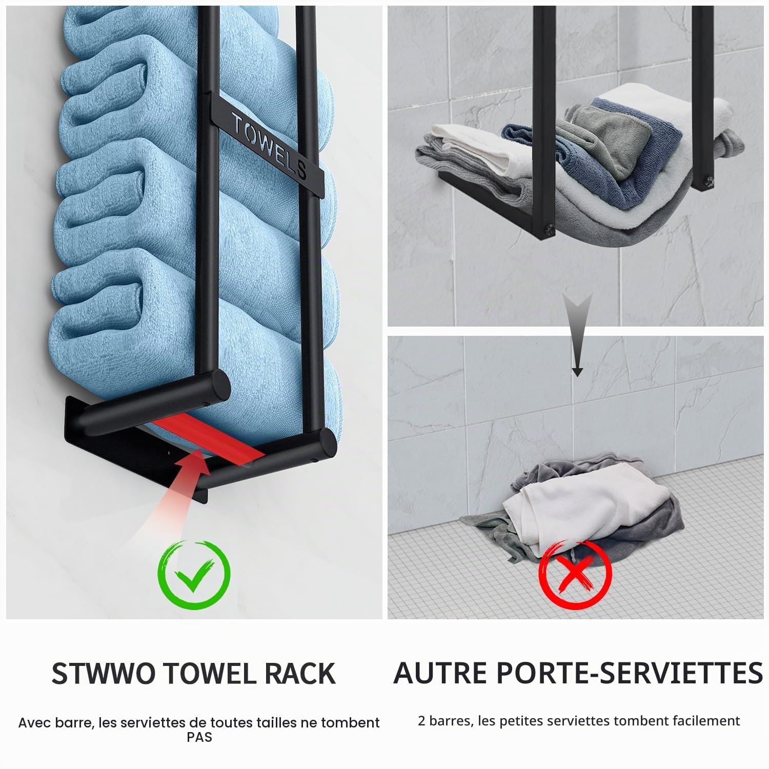 STWWO Porte Serviette Murale 56cm Noir Porte-Serviettes Salle de Bain Range Serviettes pour Serviettes Roulées Support Rangement de Bain, Métal