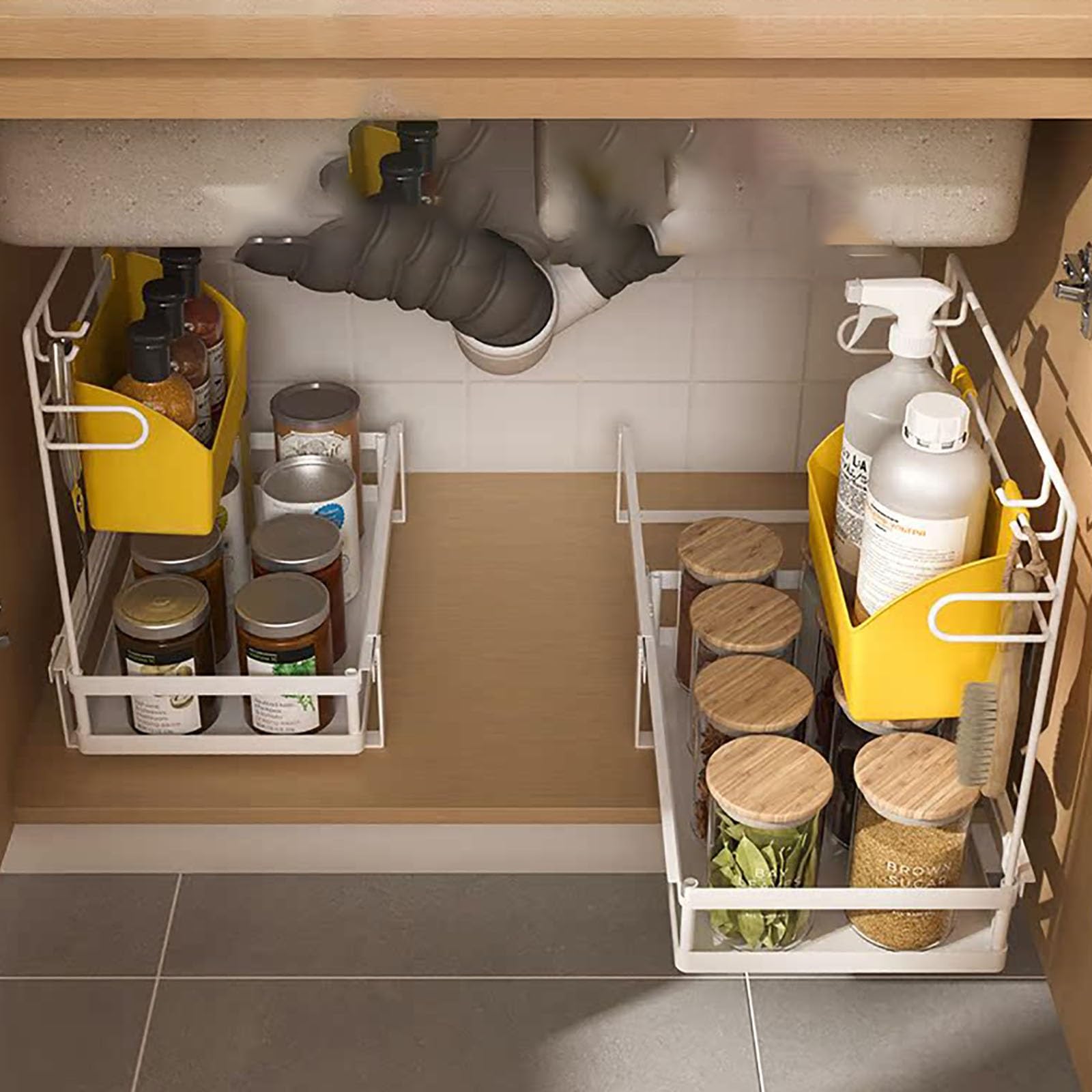 Spülschrank Organizer: 2-stufiger Auszug, Höhenverstellbarer Ausziehschrank-Organizer, Schubladen, Küche & Bad, Metall-Küchen Organizer(White)