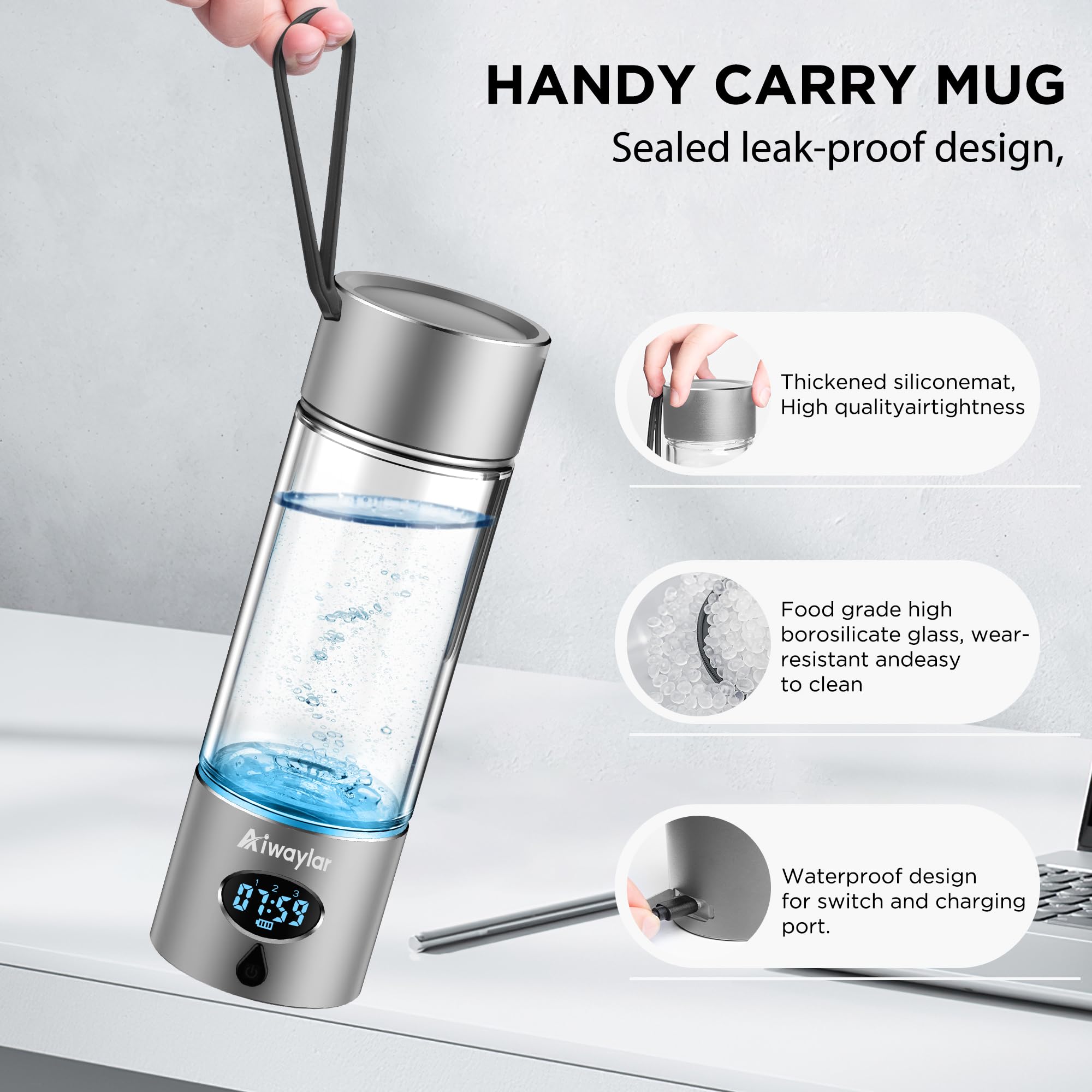 Aiwaylar Borraccia idrogeno, portatile, ricaricabile, timer LED, 3 modalità di lavoro, alluminio e vetro, 360 ml, ionizzatore d'acqua con tecnologia PEM/SPE, adatta per ufficio, casa, palestra