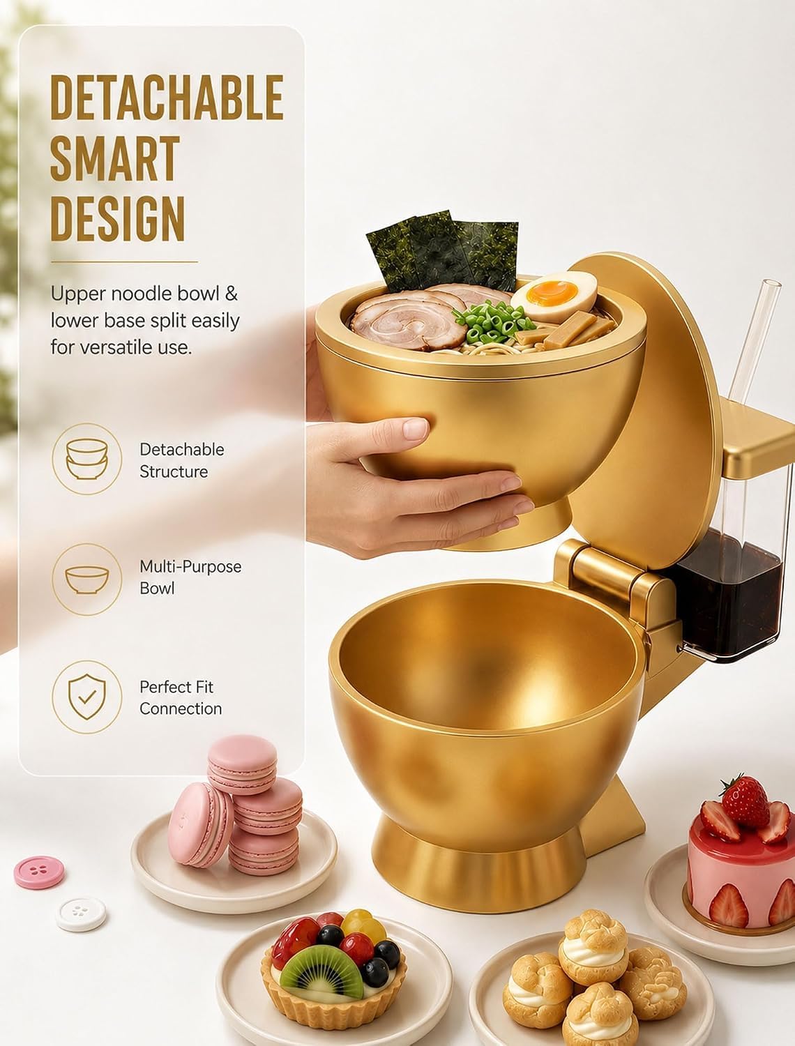WC-Ramenschüssel, Keramik-Nudelschüssel-Set mit integriertem Becher und Strohhalm, wiederverwendbare Suppenschüssel für Instant-Nudeln, Snacks und lustige Küche, Gold, 2 Stück