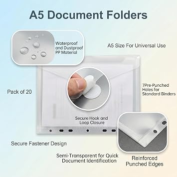 20 Pack A5 Clear Plastic Wallets Folder,A5 Punched Pockets Clear Envelope