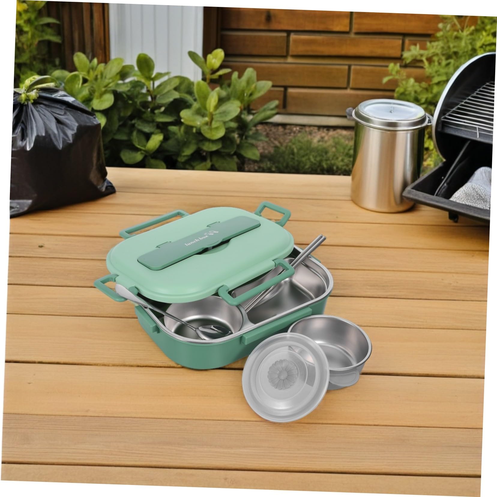 Fiambrera Bento para Adultos de Acero Inoxidable 1500ml, 4 Compartimentos | Verde, Hermética y Dividida, Incluye Tazón para Sopa, Vajilla, Palillos y Cuchara, Decoracion Colegio