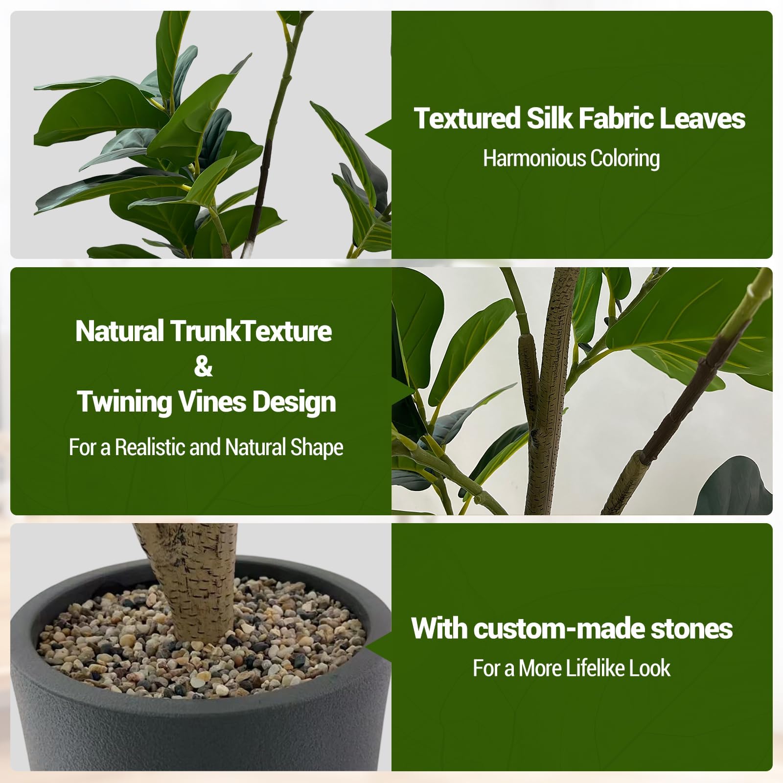 Ficus Artificiel150 cm, Ficus Plante Verte Artificielle Grande en Pot Gris Résistant avec Pierres Décoratives, Fausse Plante Intérieur Extérieur, Arbre Artificiel Décoration Salon Maison Bureau