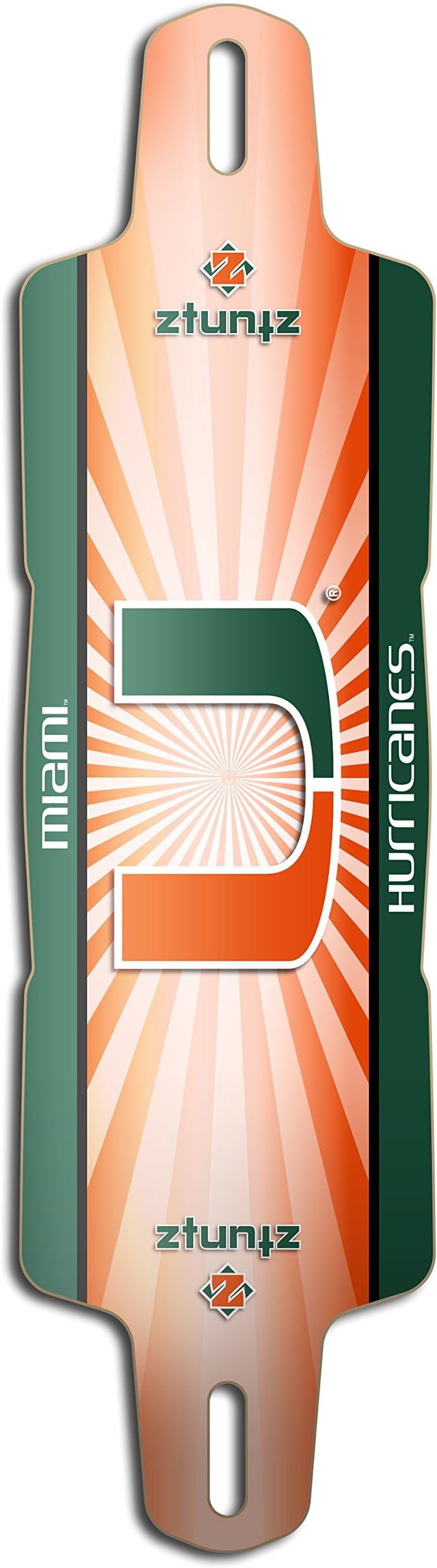 ZtuntZ Skateboards University of Miami Hurricanes "U-Logo" Glider Drop-Through 7-Ply Hard Rock Maple Longboard Deck, 10 x 38 x 29-Inch, Green/Orange/White