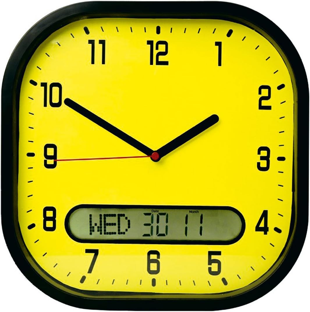 Lifemax High Contrast Day Date Wall Clock - Easy to Read LCD Display Day-Date Clock, Shows Day, Date, Month in UK format, Black Numbers on a Yellow Face, Ideal for Low Vision