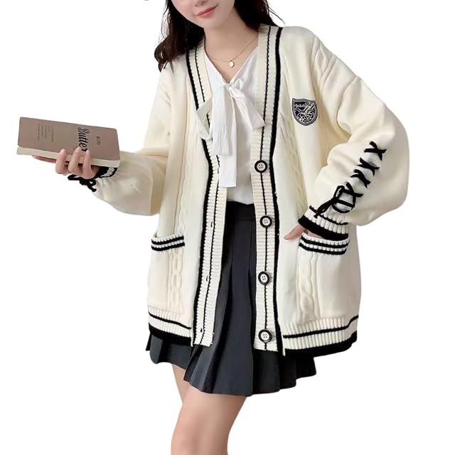 Chevara Womens Kawaii Embroidery Crest Knit Cardigan V Neck Lace-Up Cuffs Preppy Sweater Coat with Pockets