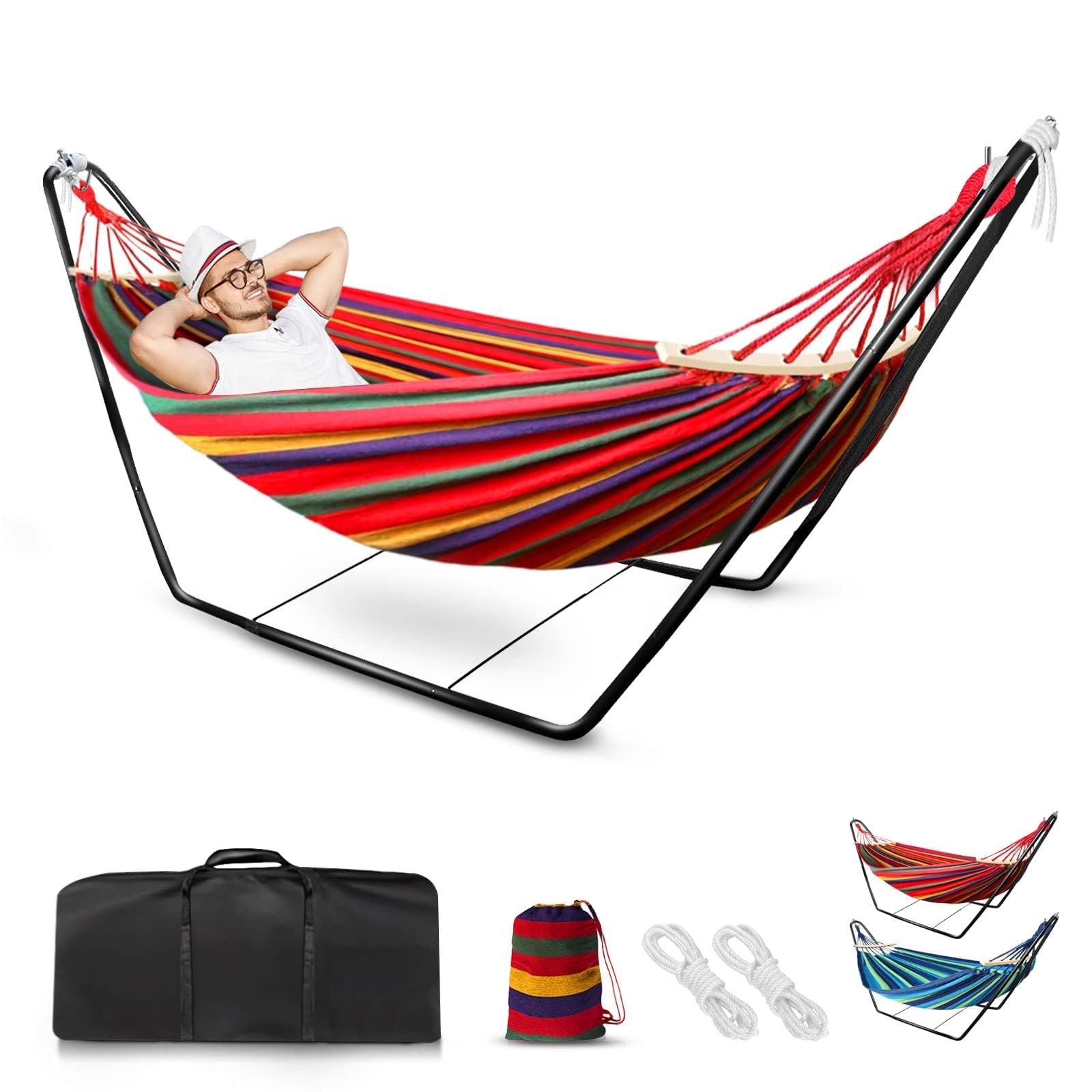 Amaca con supporto, amaca, amaca all'aperto con supporto, amaca da giardino con supporto, sedie da giardino da campeggio, amaca singola con struttura in metallo con borsa portatile e accessori
