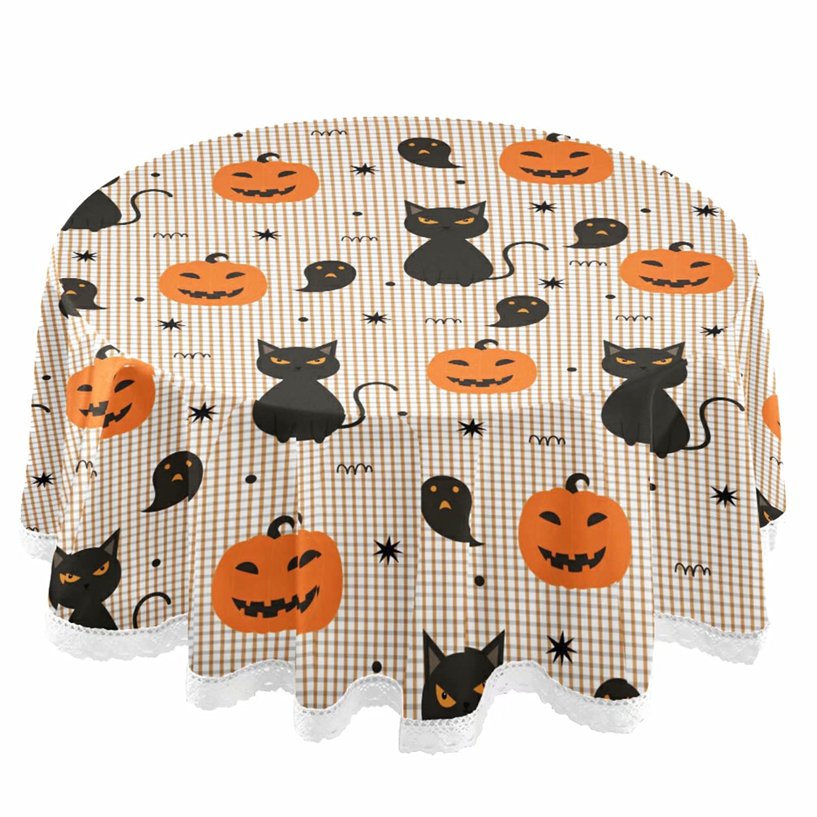 Mantel Redondo De Halloween – Diseño De Gato Negro, Fantasma Y Calabaza, 152 Cm, Poliéster Lavable, Ideal Para Fiestas