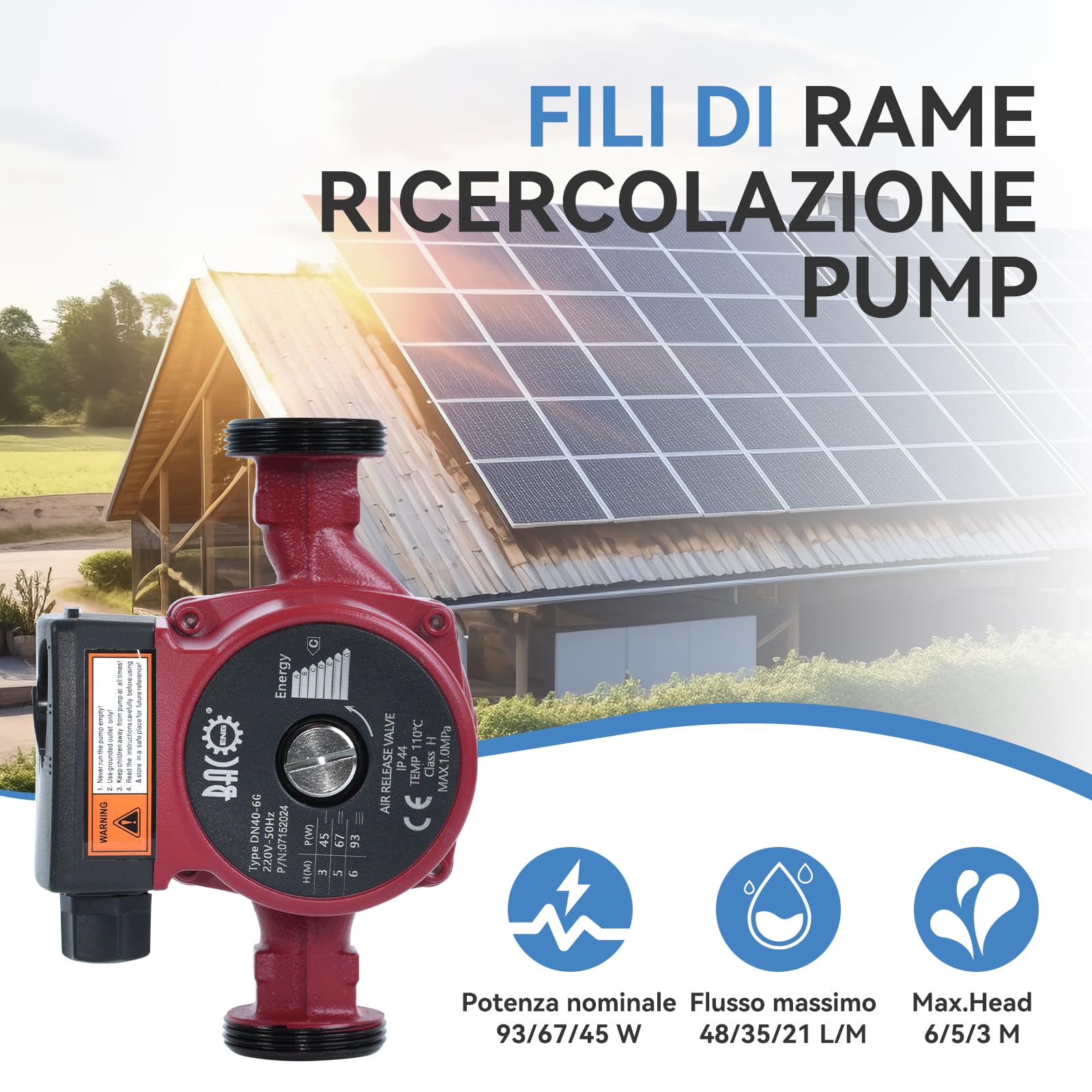 BACOENG Circulateur Chauffage, Pompe de chauffage, Pompe de circulation, Pompe de Chaudiere Circulateur 25-6/180 Pompe de chauffage avec commutation manuelle de vitesse à 3 niveaux + raccords