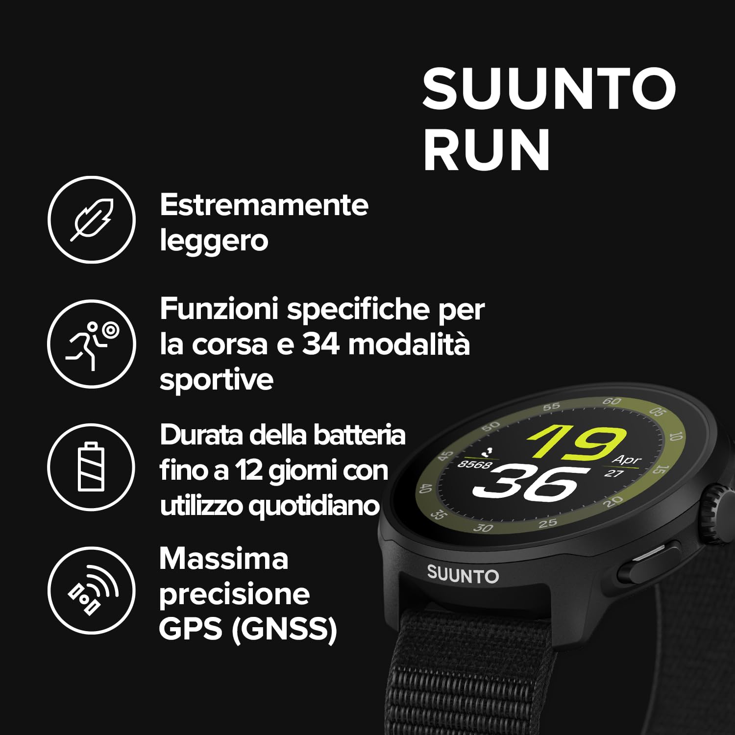 SUUNTO RUN Orologio Sportivo da Corsa, 1,32" AMOLED Touchscreen, Tracker Attività, Smartwatch per Running, GPS Dual Band, Monitoraggio della Frequenza Cardiaca/Sonno, 12 Giorni di Autonomia, Musica