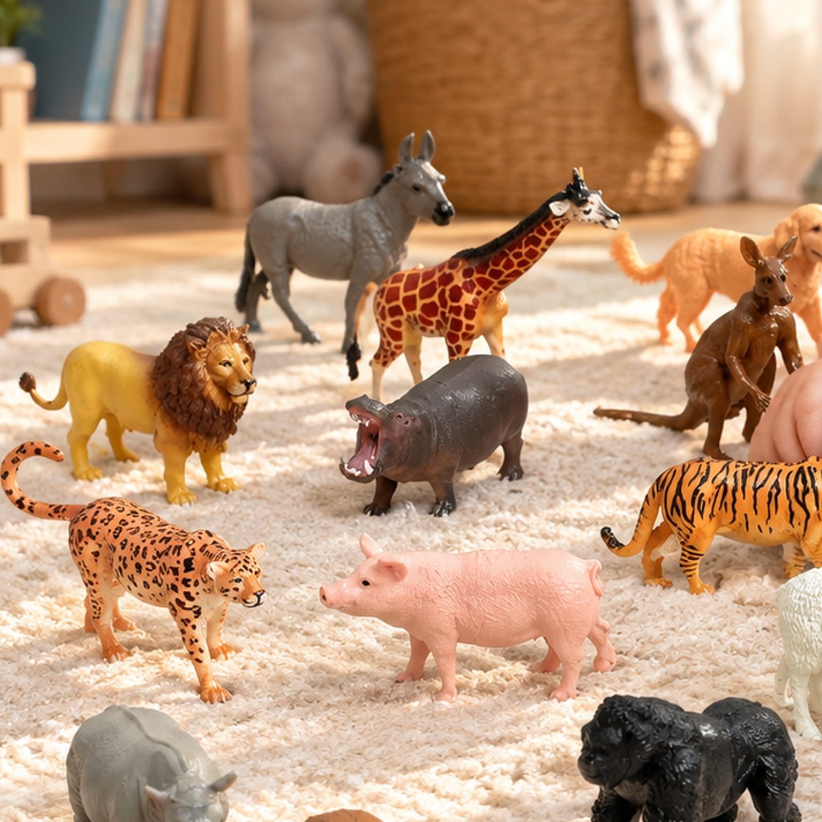 19 Pezzi Set di Modellini di Animali con Secchio Portaoggetti Portatile Giocattoli Animali da Fattoria in Plastica Realistici per Bambini, Aperto