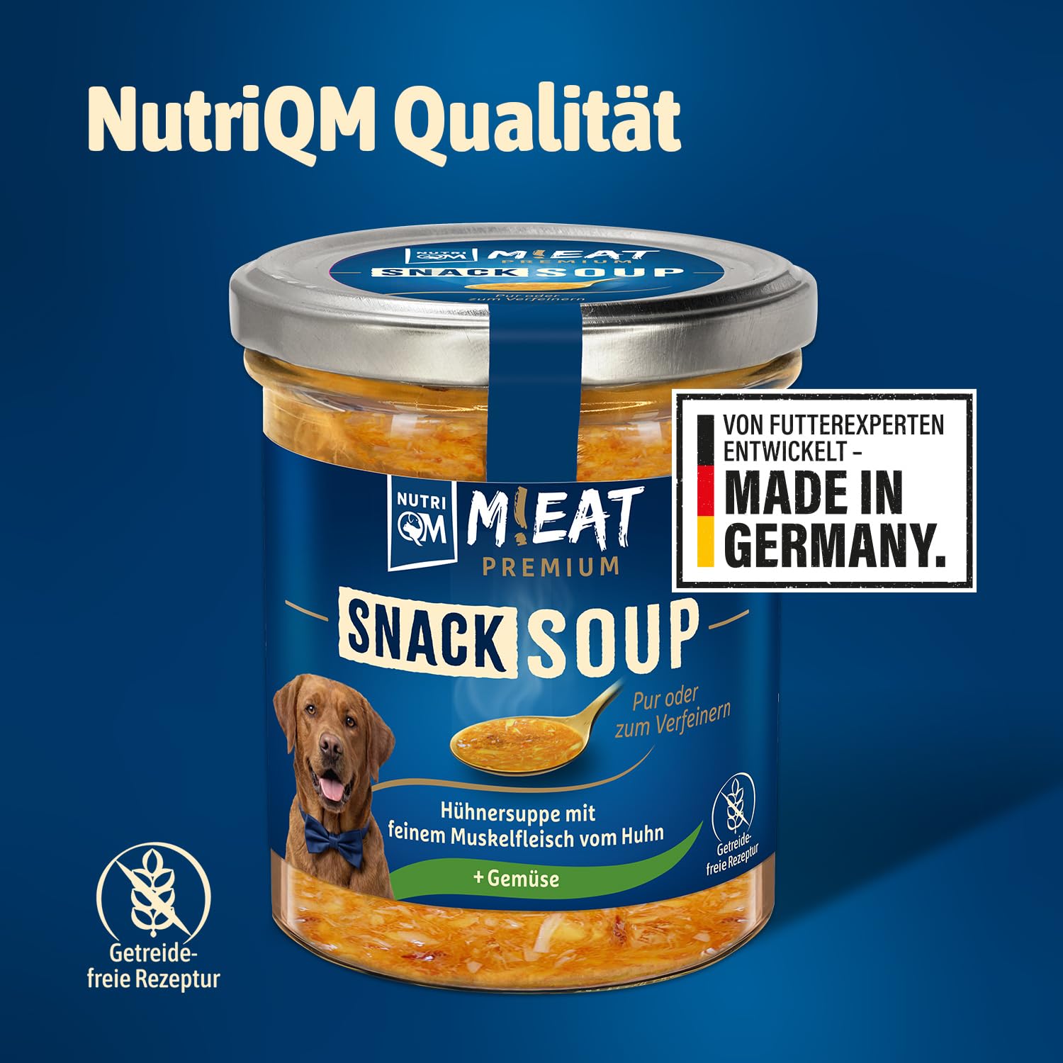 NutriQM® M!EAT Snack Soup - Hunde Suppe mit Hühnerfilet & Gemüse - 6 x 280g - Hundefutter Topping - Getreidefreier Flüssig Snack - Ideal als EIS, Schlecksnack & Warme Suppe - Made in Germany