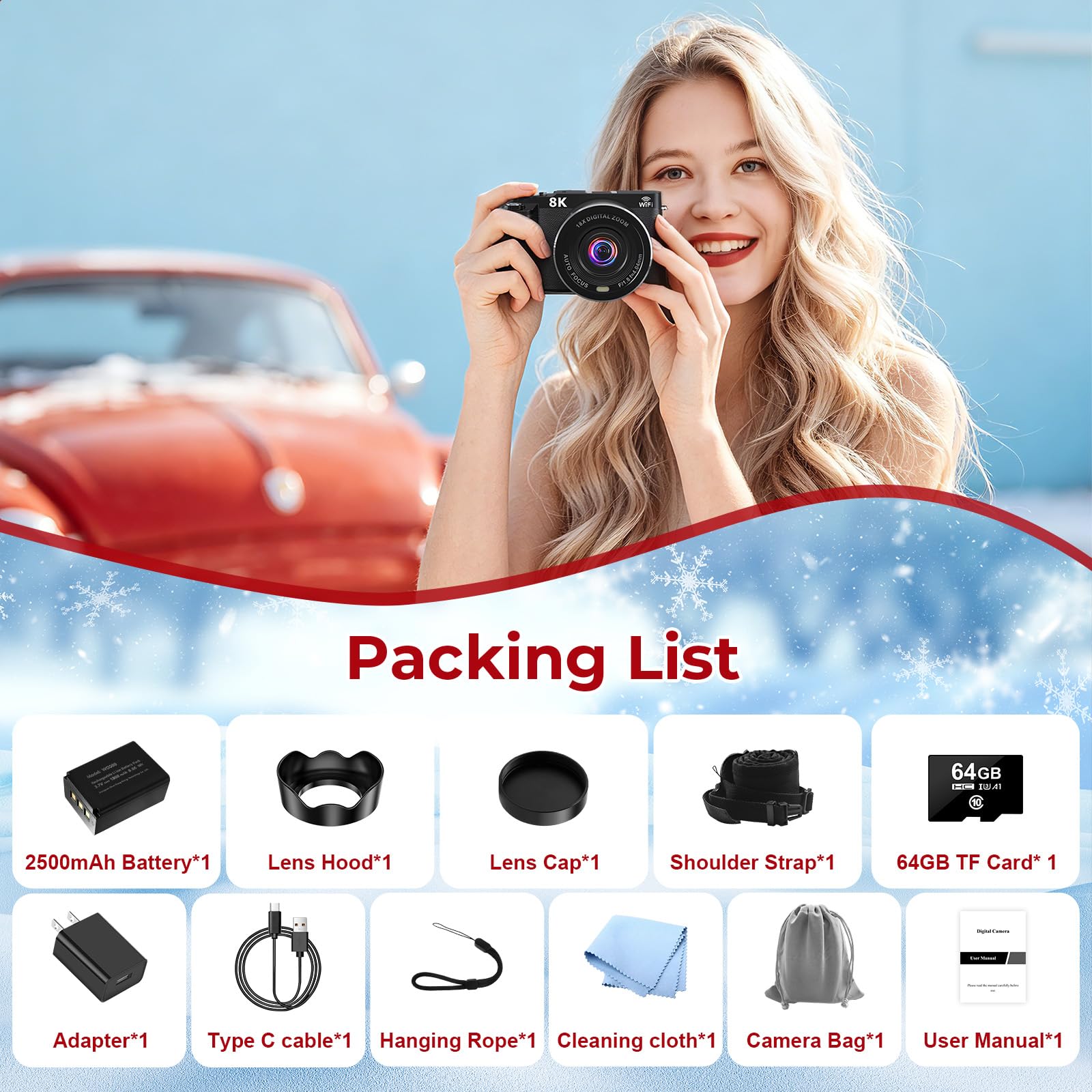 Fotocamera digitale 8K – Telecamera WiFi per fotografia 88MP – Autofocus Vlogging Camera per YouTube – Videocamera UHD per fotografi principianti con schermo flip da 3 pollici 180°, zoom 18x, paraluce