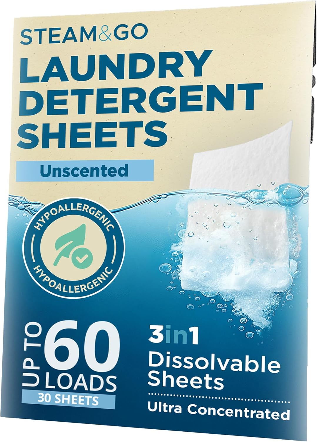 Steam and Go Laundry Detergent Sheets – 3in1 Dissolvable Sheets with Deep Cleaning, Fragrance-Free, & Hygienic Purifying Action – Hypoallergenic, Vegan & Cruelty-Free – Unscented – 30 Ct Steam and Go Laundry Detergent Sheets – 3in1 Dissolvable Sheets with Deep Cleaning, Fragrance-Free, & Hygienic Purifying Action – Hypoallergenic, Vegan & Cruelty-Free – Unscented – 30 Ct