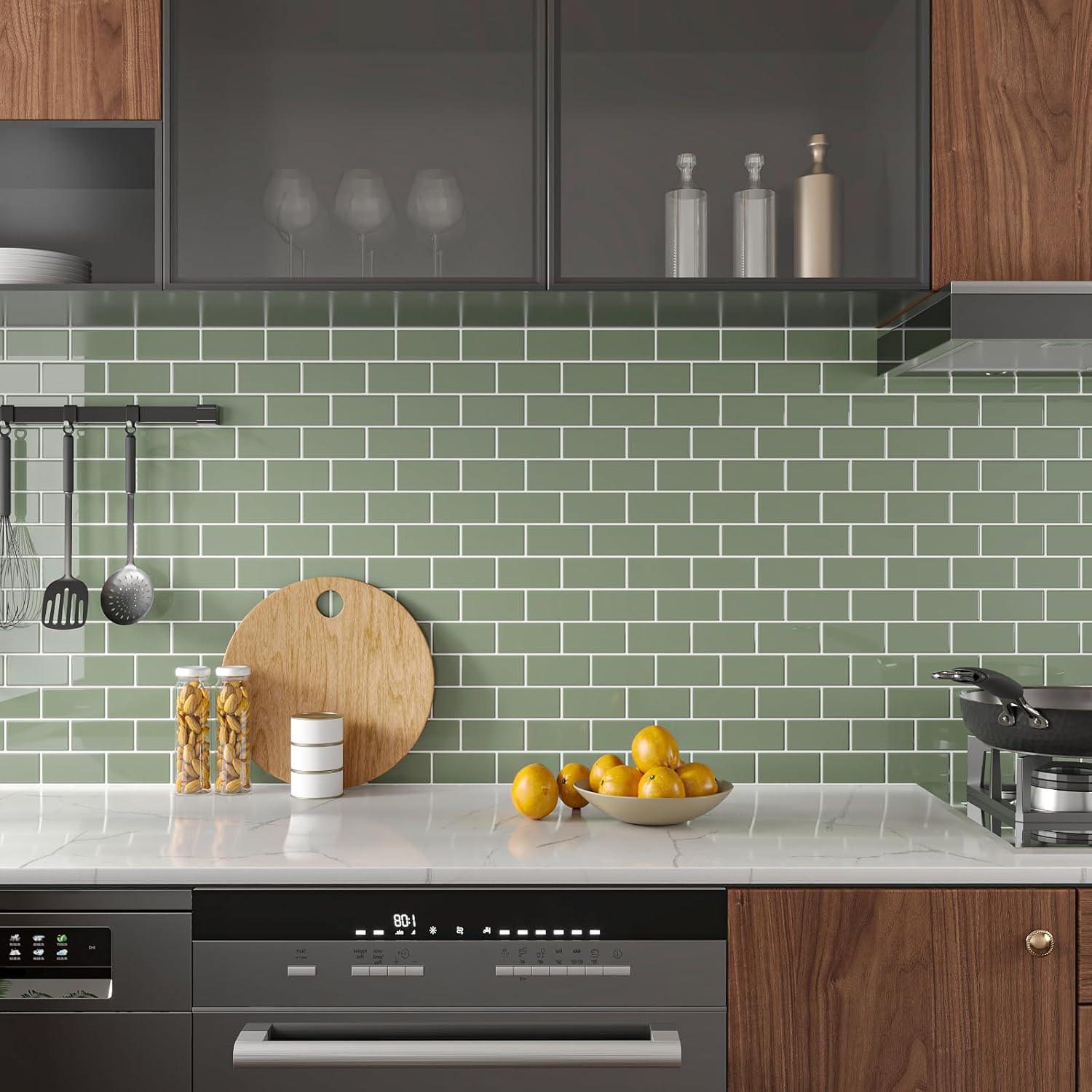 CHIHUT 12''x12'' Green Backsplash Tile Peel and Stick 6 Sheets Self Adhesive Waterproof Backsplash for Kitchen Bathroom Wall Removable Rectangular Stick on Back Splash Thick Vinyl Green Subway Tiles