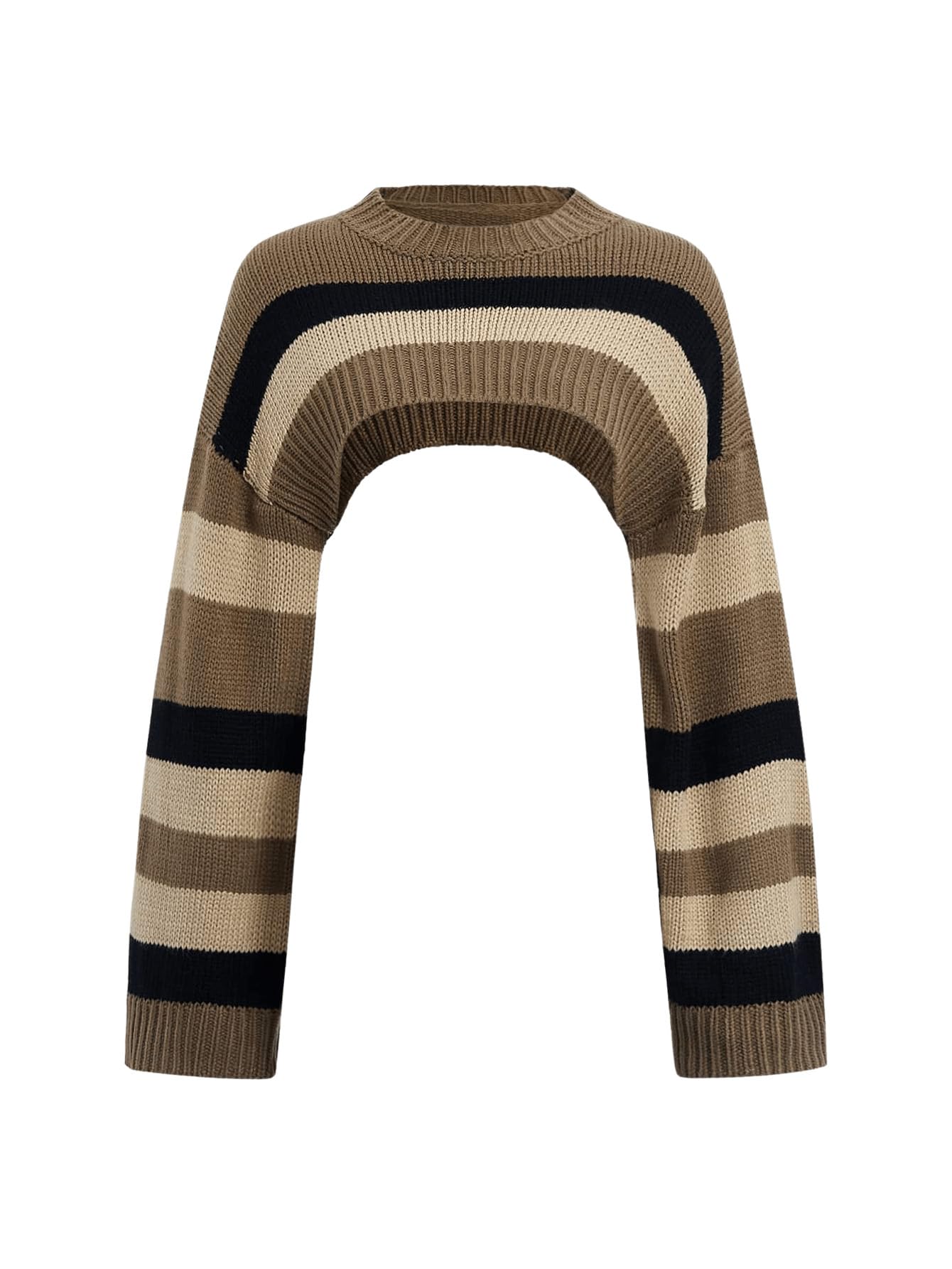 WDIRARA Womens Striped Crochet Shrug Boat Neck Crop Sweater Colorblock Drop Shoulder Pullovers Long Bell Sleeve Knit Tops