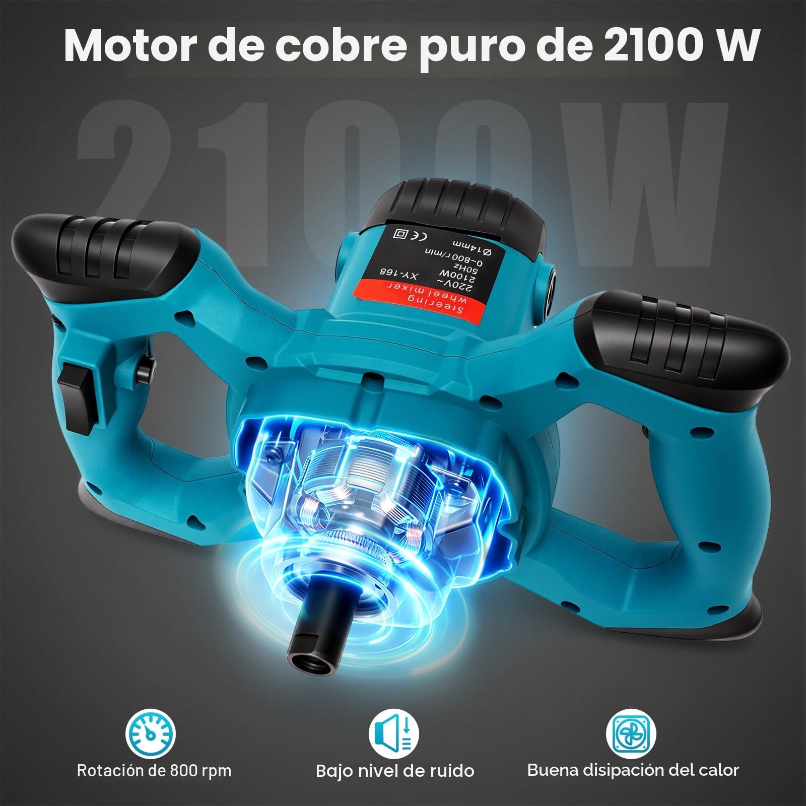 Mezclador de Mortero 2100W Hormigoneras Electricas 6 Velocidades Ajustables 800rpm Adecuado Para Cemento, Hormigón, Lechada Cemento Otros Materiales Viscosidad Media