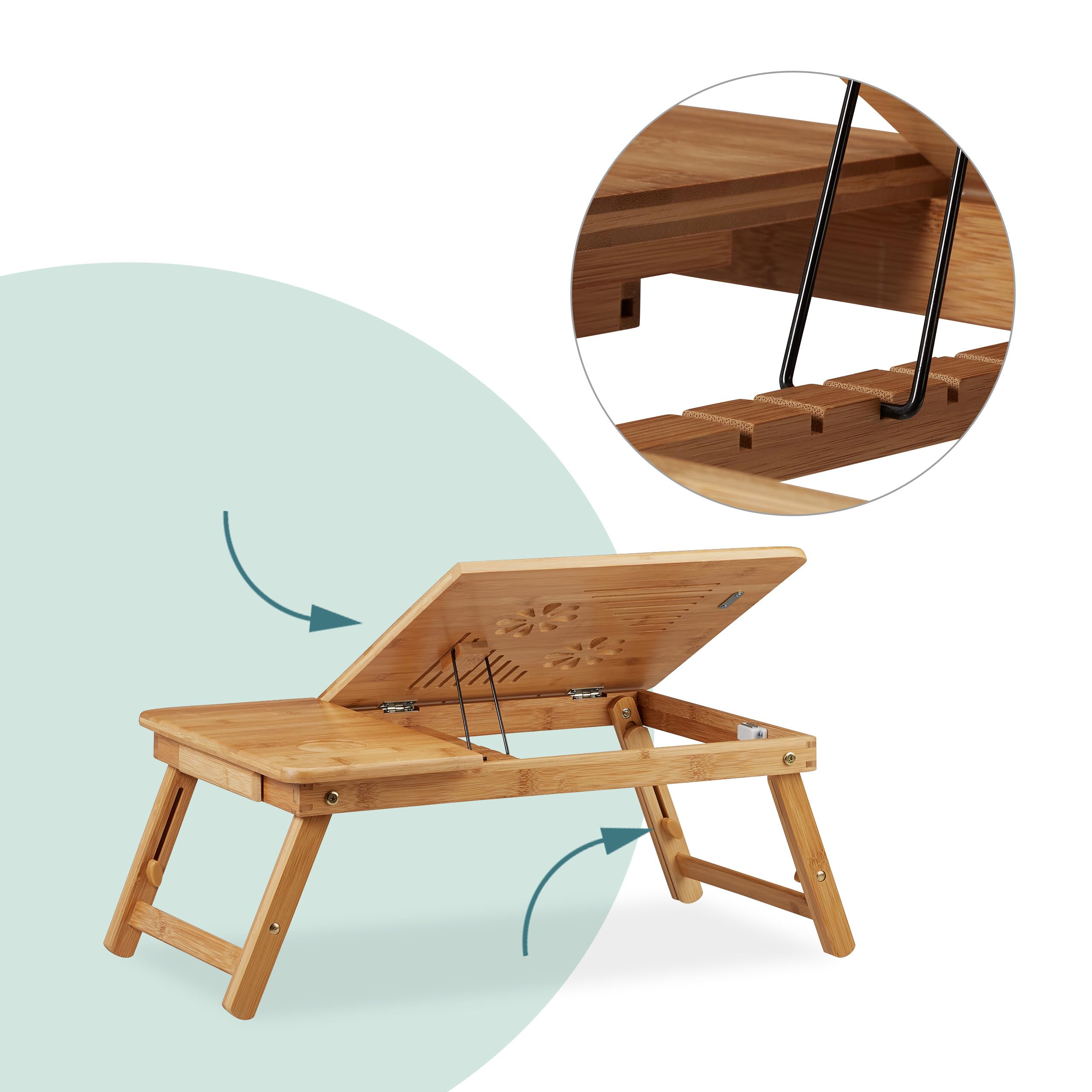 Relaxdays 10022219 Table d’Ordinateur Portable pour Lit Hauteur Réglable, Plateau en Bambou avec Tiroir, 30x69x35cm, Nature, HLP 30 x 69 x 35 cm