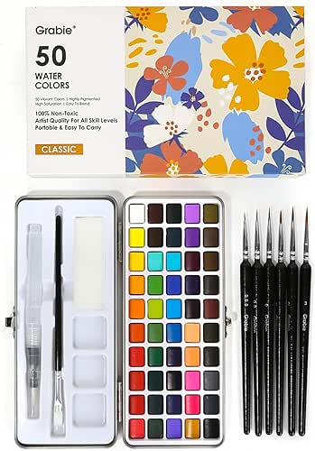 Grabie 50 Colors Watercolor Paint Set, Detail Paint Brush Included,