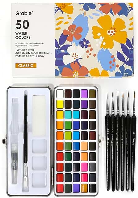 Grabie 50 Colors Watercolor Paint Set, Detail Paint Brush Included, Wate...