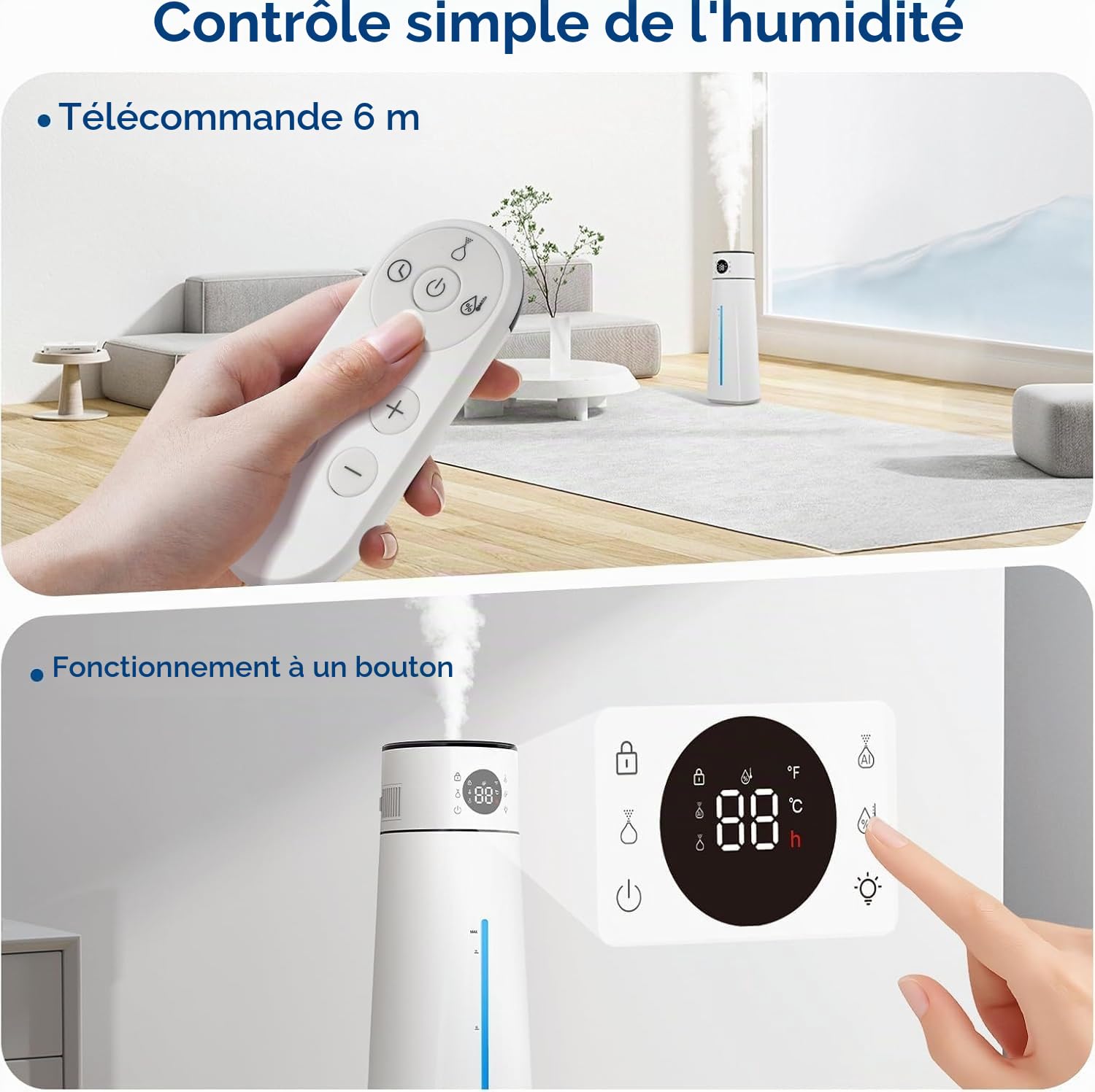 8L Humidificateur d'Air Chambre Top-Fill, 28 dB Ultra Silencieux/80H d'Autonomie/Minuterie 24 H, Veilleuse pour Bébés et Plantes, Large Humidificateur à Ultrasons 10 Niveaux de Brume pour Bureau