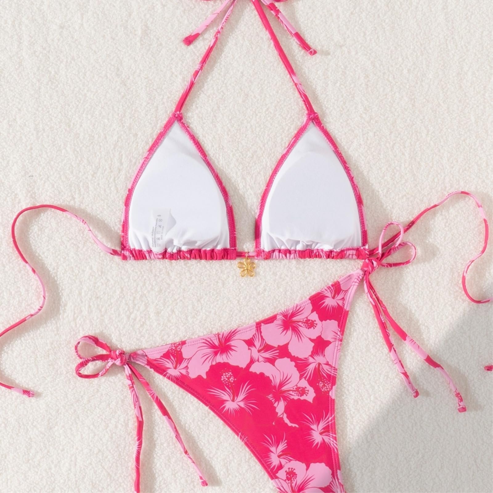 Bikini Mujer Mujeres Floral Impresión Conjunto De Metal Flor Detalle Corbata Lado Traje Baño-jy670ro-rose Red-m