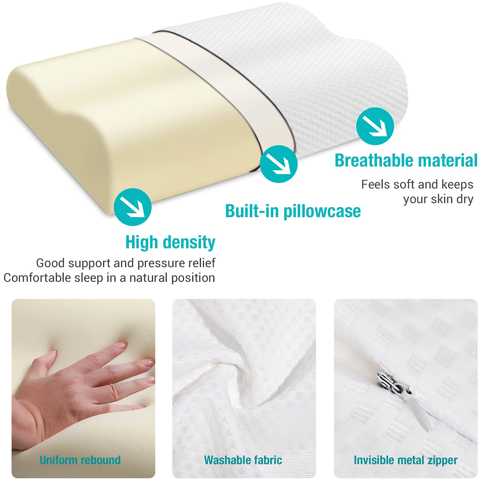 Almohada Ortopédica de Espuma Viscoelástica, Ergonómica para el Cuello Almohada con Funda extraíble 55x35x11CM
