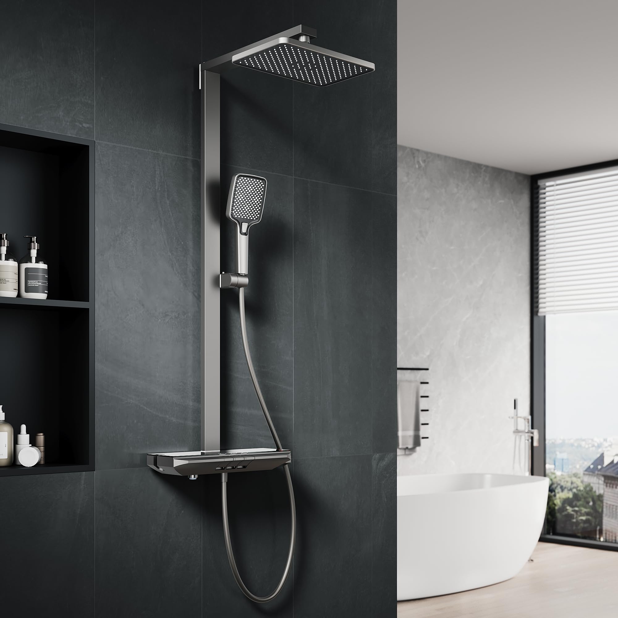 SONNI Duschsystem mit Thermostat Anthrazit LED Duschset Regendusche Eckig
