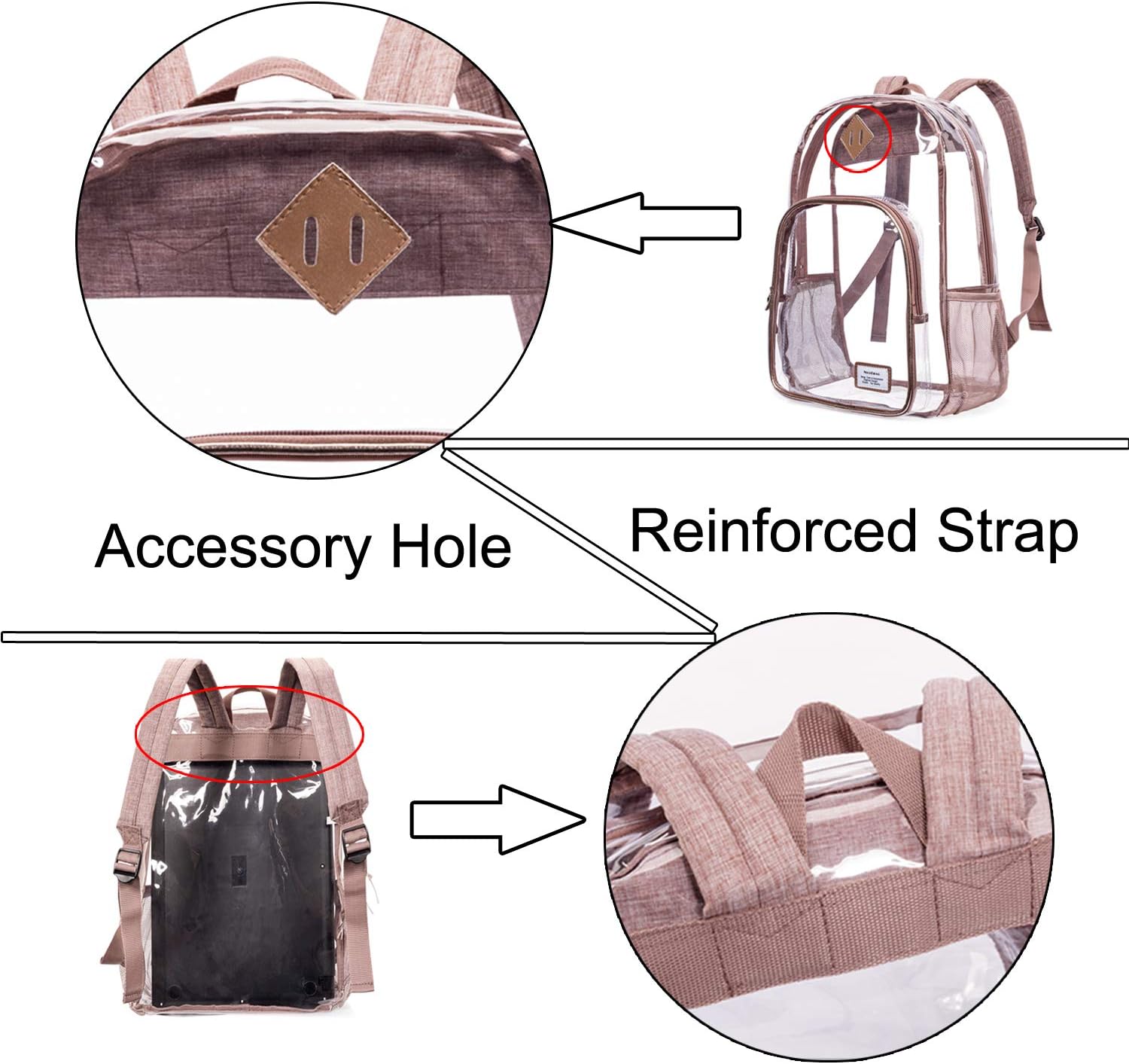 NiceEbag Clear Backpack Heavy Duty Clear Bookbag Large See Through Backpack for Women and Men Stadium Approved Transparent Bag for College Work Travel,Rose Gold