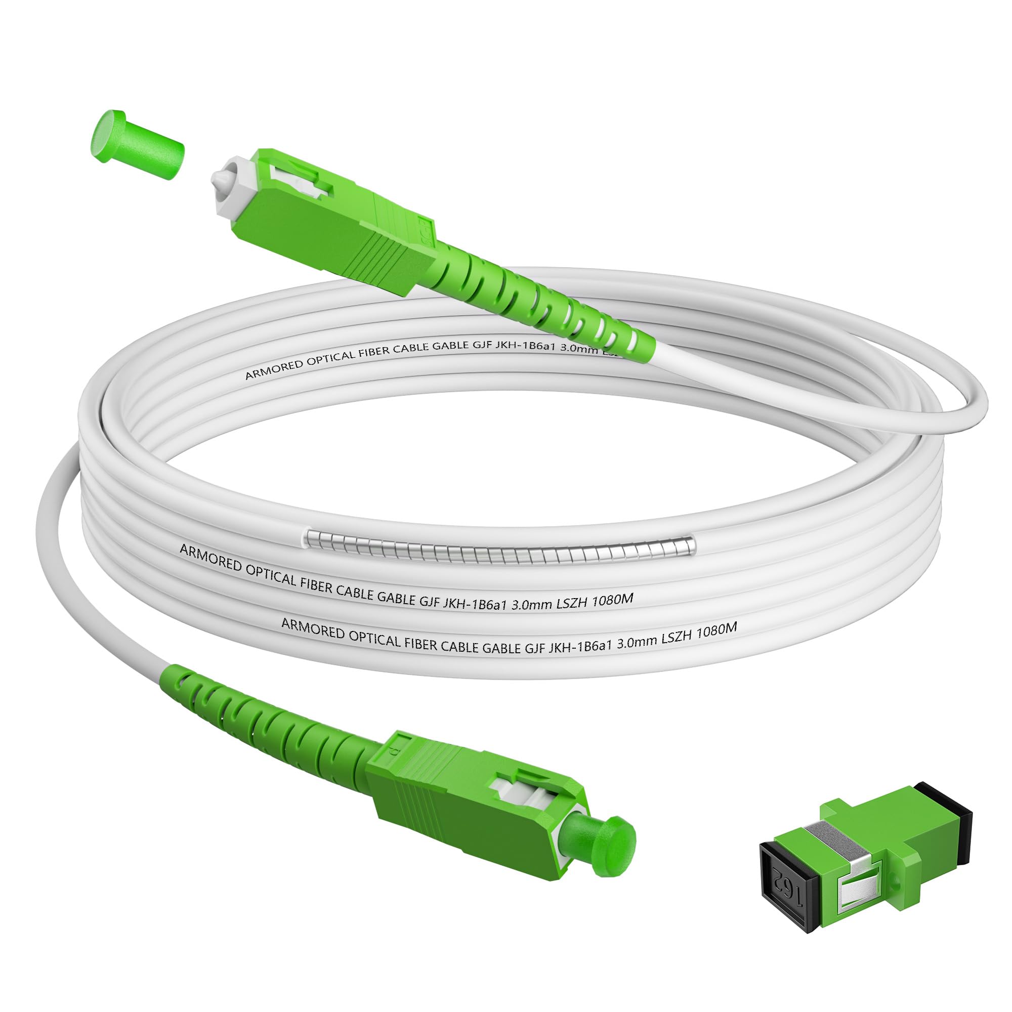 Photo 1 of 10FT SC/APC to SC/APC Fiber Optic Internet Cable, Armored Single Mode Patch Cable with Coupler, Fiber Optic Jumper Cord for Replacement Home Fiber Internet, OS1/OS2 Compatible, Simplex 9/125um LSZH