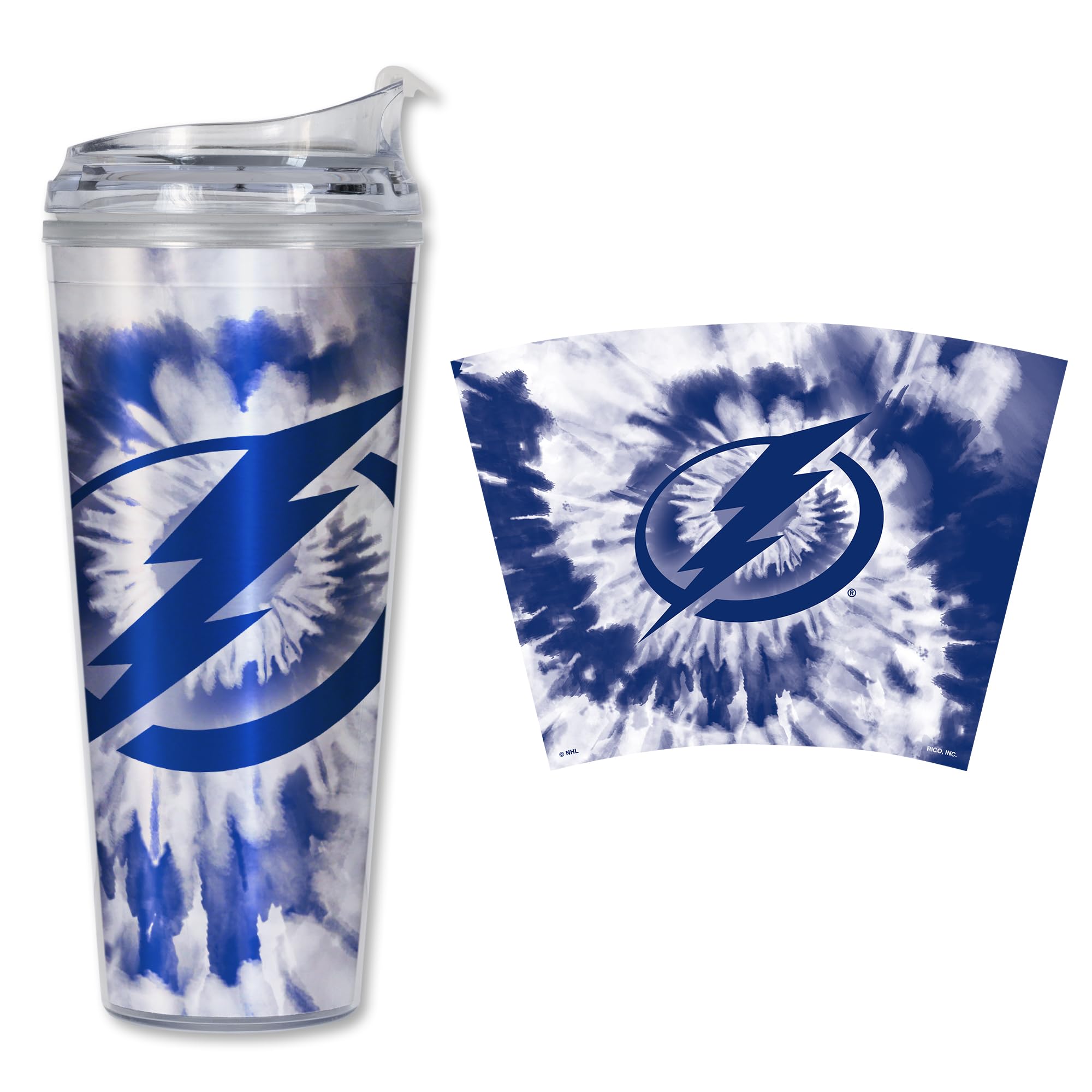 Rico Industries NHL Hockey Team Color Tie Dye 24oz Metallic Acrylic Tumbler with Hinged Lid, Officially Licensed Double Wall Tumbler with Straw