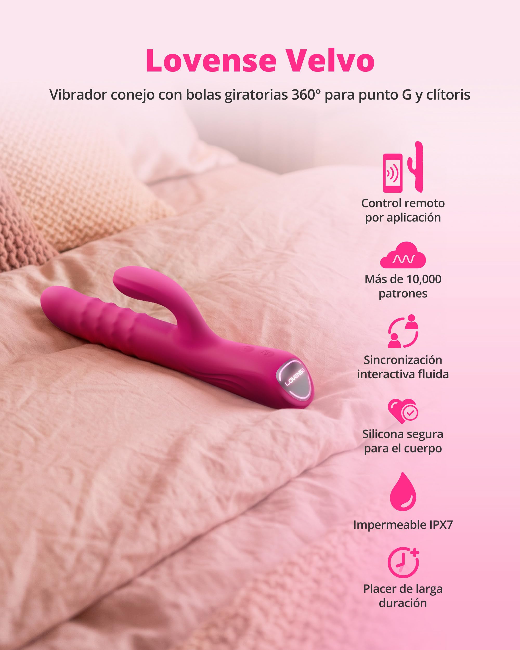 LOVENSE Velvo Vibrador Conejo con Perlas Giratorias, Vibrador Punto G para Mujeres, Estimulador de Clítoris, Vibrador Doble, Control Remoto por App, Juguetes Sexuales para Parejas, IPX7, Rosa