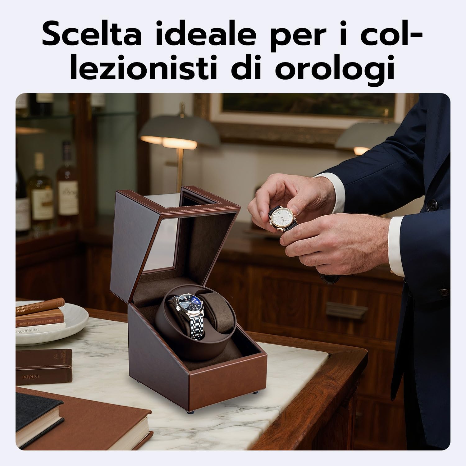 Mcbazel Carica Orologi Automatici in Pelle, Scatola per Due Orologi, Cofanetto per Orologi Automatici con Unità Rotante Silenziosa a Due Mode di Rotazione [Marrone]
