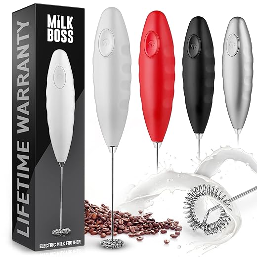Milk Boss Mighty Milk Frother Handheld Whisk Mixer - Coffee Frother Electric Handheld Foam Maker & Frother For Coffee - Portable Electric Whisk With 16-Piece Stencils For Lattes, Matcha & More (Black)