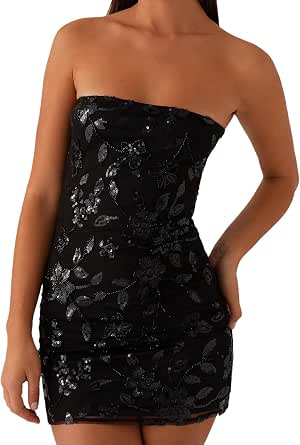 Women Retro Beaded Floral Tube Top Dress Slim Sparkly Sequin Off