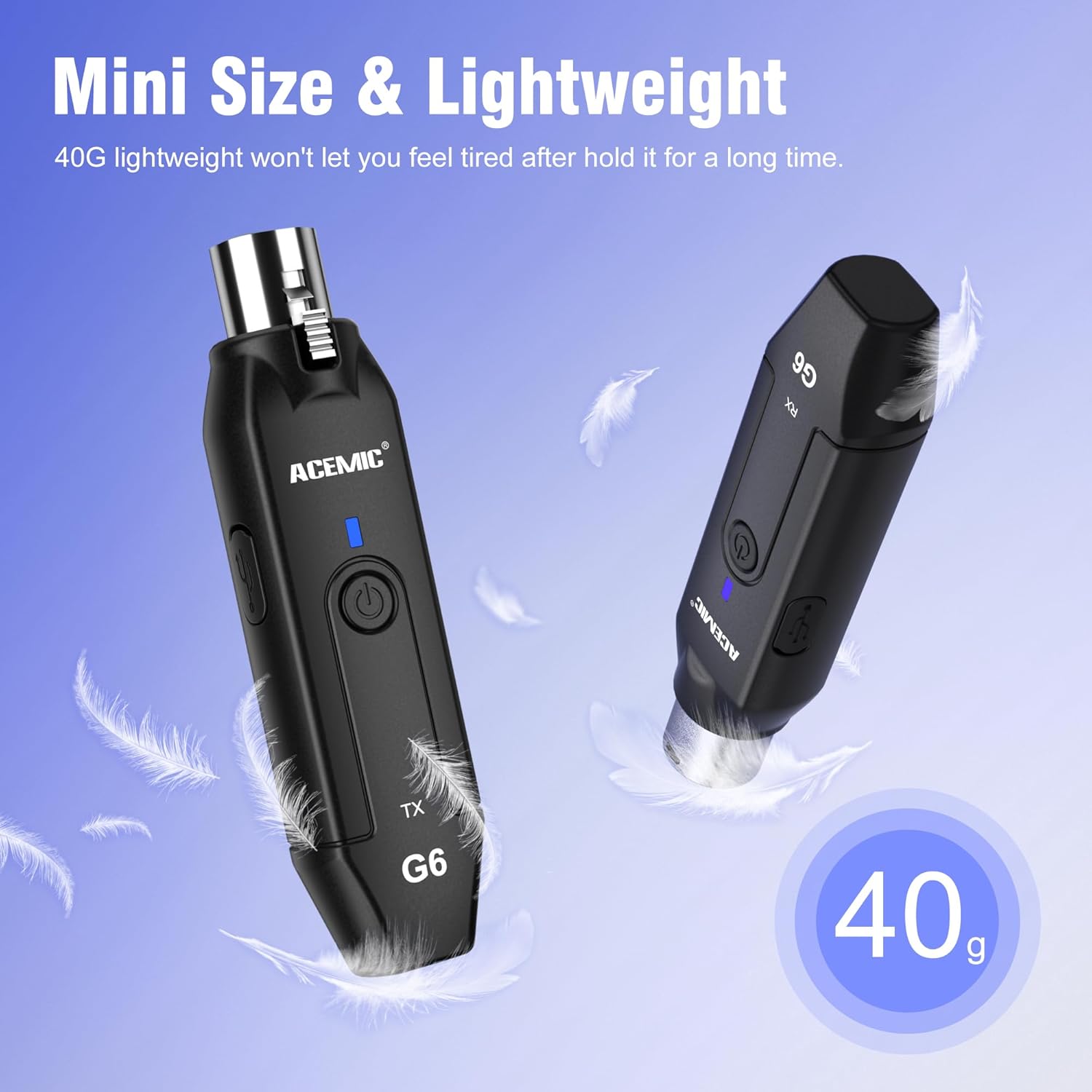 ACEMIC G6 units with feathers illustrating lightweight design, showing 40g weight