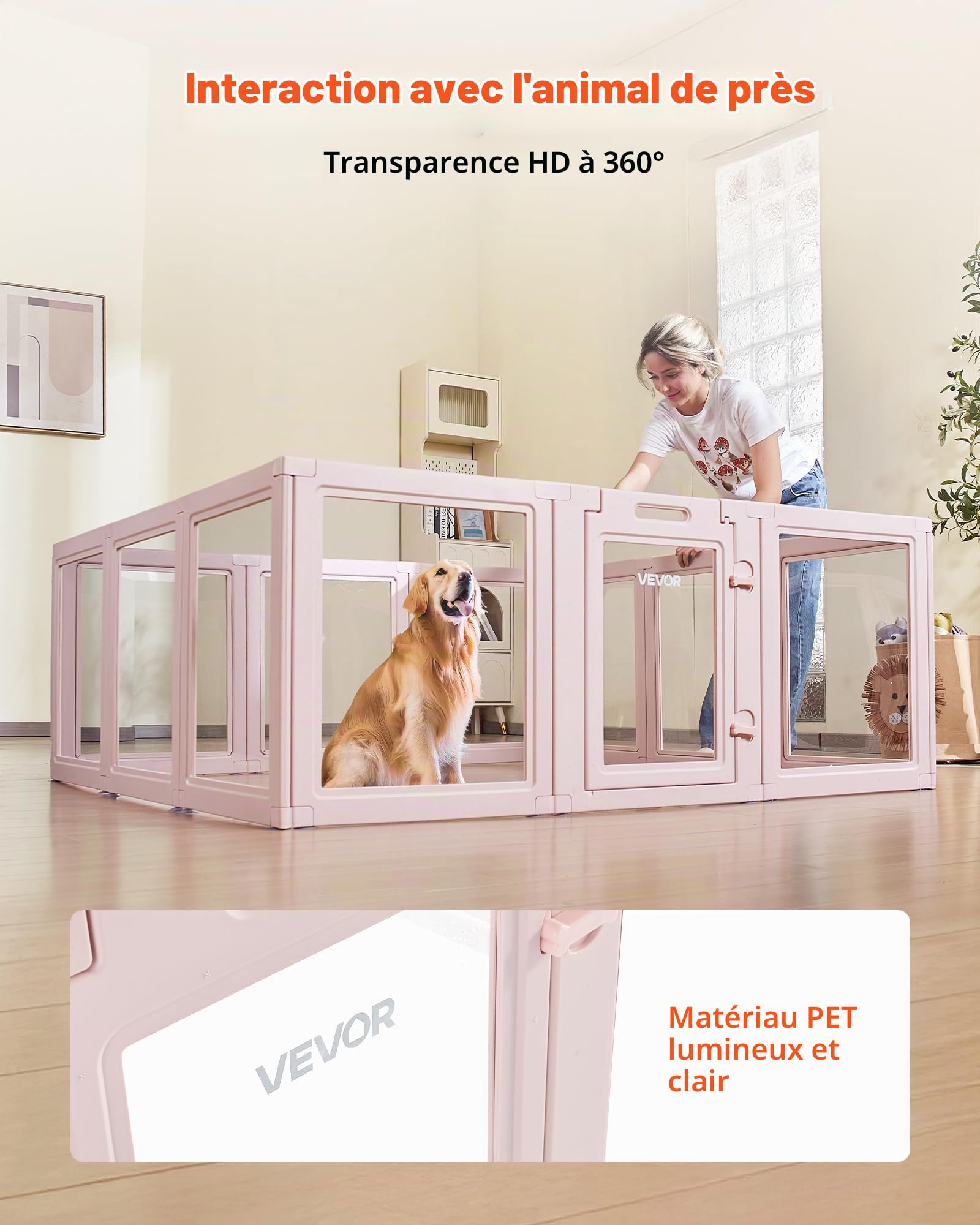 VEVOR Parc de Mise Bas pour Chien, 154 x 150 x 60 cm, Caisse de Mise Bas pour Chiots, avec Fenêtres Transparentes et Serrure, Cadre Rose Clair, Kit Naissance Durable pour Chiens de Très Grande Taille