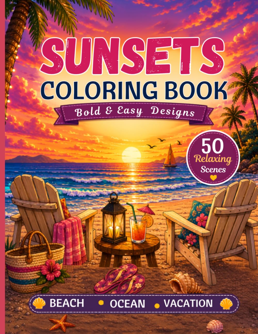 Sunsets Coloring Book for Adults: Bold and Easy Beach, Ocean, and Vacation Scenes for Relaxation and Stress Relief