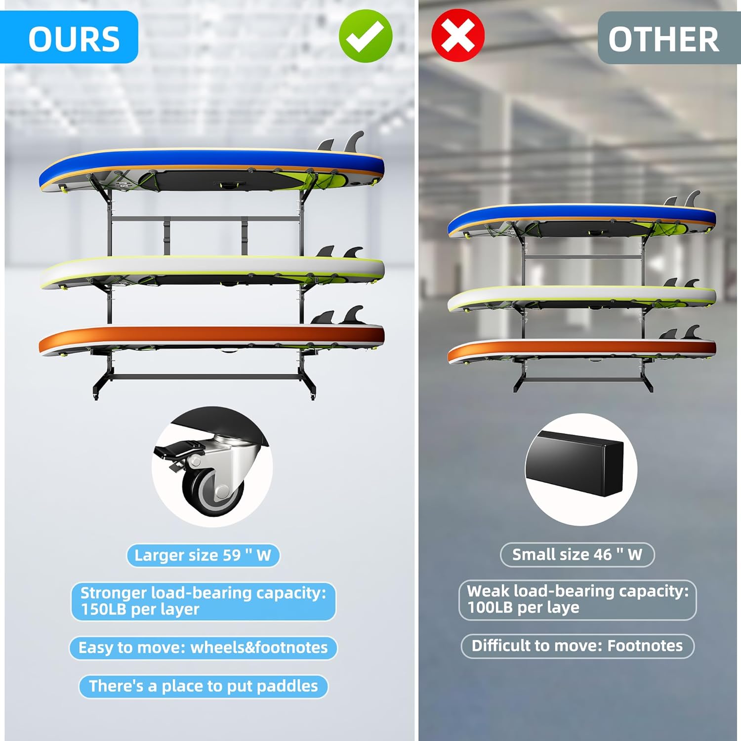 Upgrade 59 '' W Outdoor Indoor Kayak Storage Rack with Wheels & Paddle Hook,Heavy Duty Metal Storage Rack for Kayak, Canoe, Surfboard & Paddleboard,Black