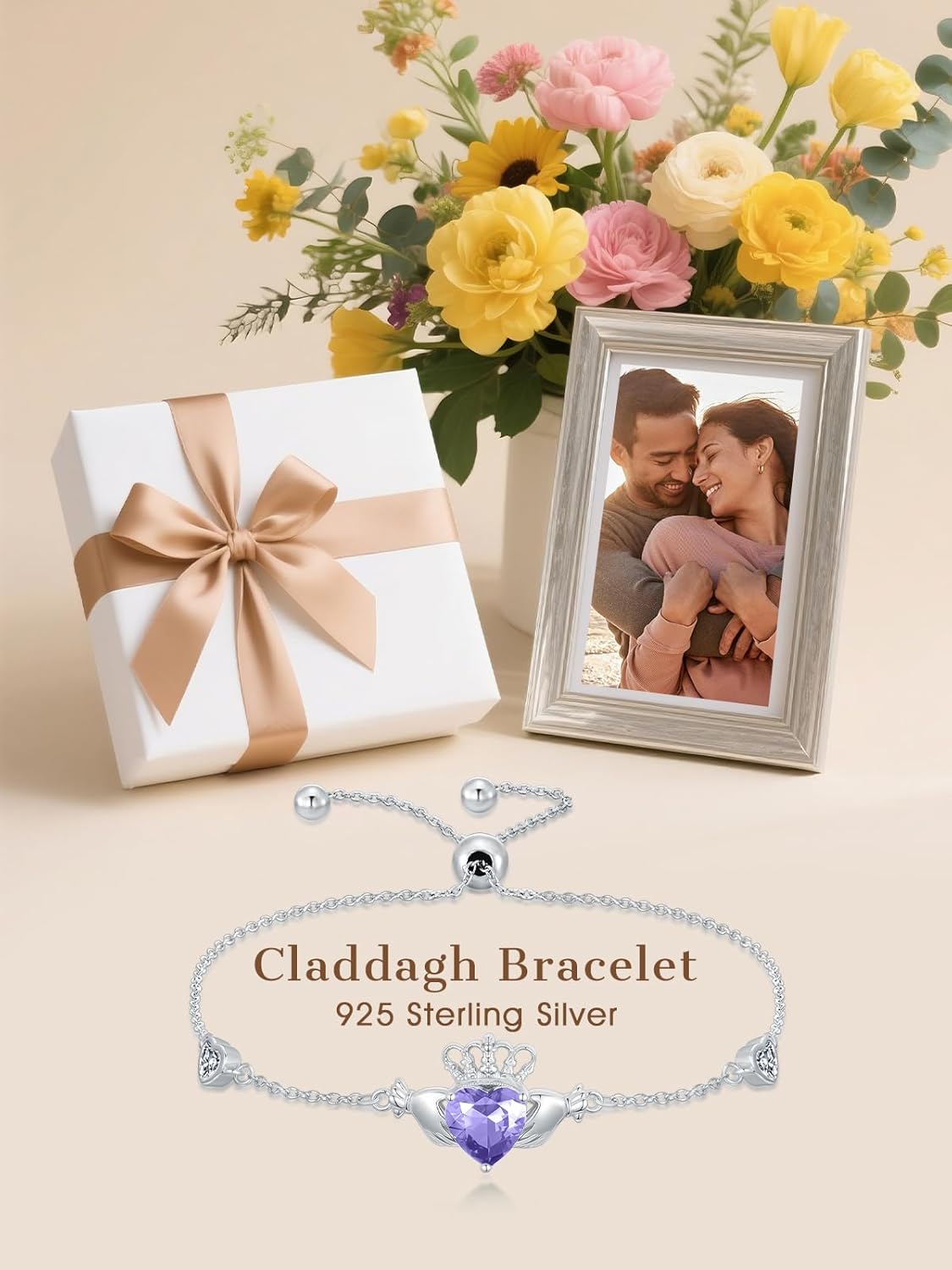 Claddagh Bracelet 925 Sterling Silver Irish Claddagh Bracelet with 12 Months Heart Birthstone Irish Good Luck Jewelry Gifts for Women - Image 3